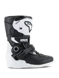 Alpinestars Kids Tech 3S Stiefel, Motocross-Stiefel für Jugendliche, Weiß und Schwarz, Seitenansicht mit High-Top-Design, Schnallen- und Riemenverschlusssystem, schützende TPU-Schienbeinplatte und weiße Sohle, Offroad-Motorradschuhe für Kinder