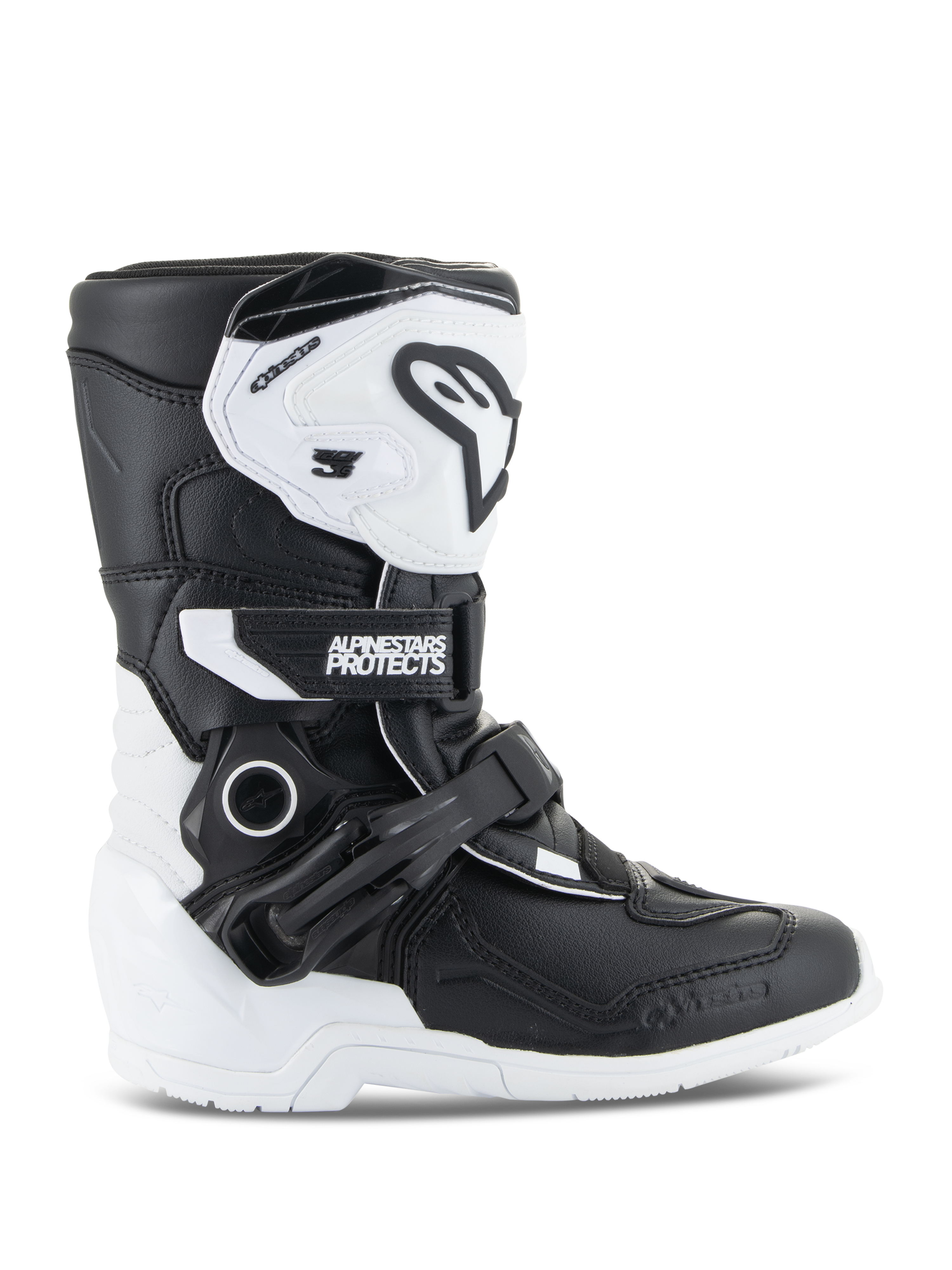 Alpinestars Kids Tech 3S Stiefel, Motocross-Stiefel für Jugendliche, Weiß und Schwarz, Seitenansicht mit High-Top-Design, Schnallen- und Riemenverschlusssystem, schützende TPU-Schienbeinplatte und weiße Sohle, Offroad-Motorradschuhe für Kinder