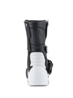 Alpinestars Tech 3S Kinderstiefel, Motocross-Stiefel, Weiß und Schwarz, Rückansicht mit verstärkter TPU-Ferse und Tech Series-Branding, schwarzes synthetisches Obermaterial und weiße Unterschalenkonstruktion, schützendes Offroad-Schuhwerk für Kinder
