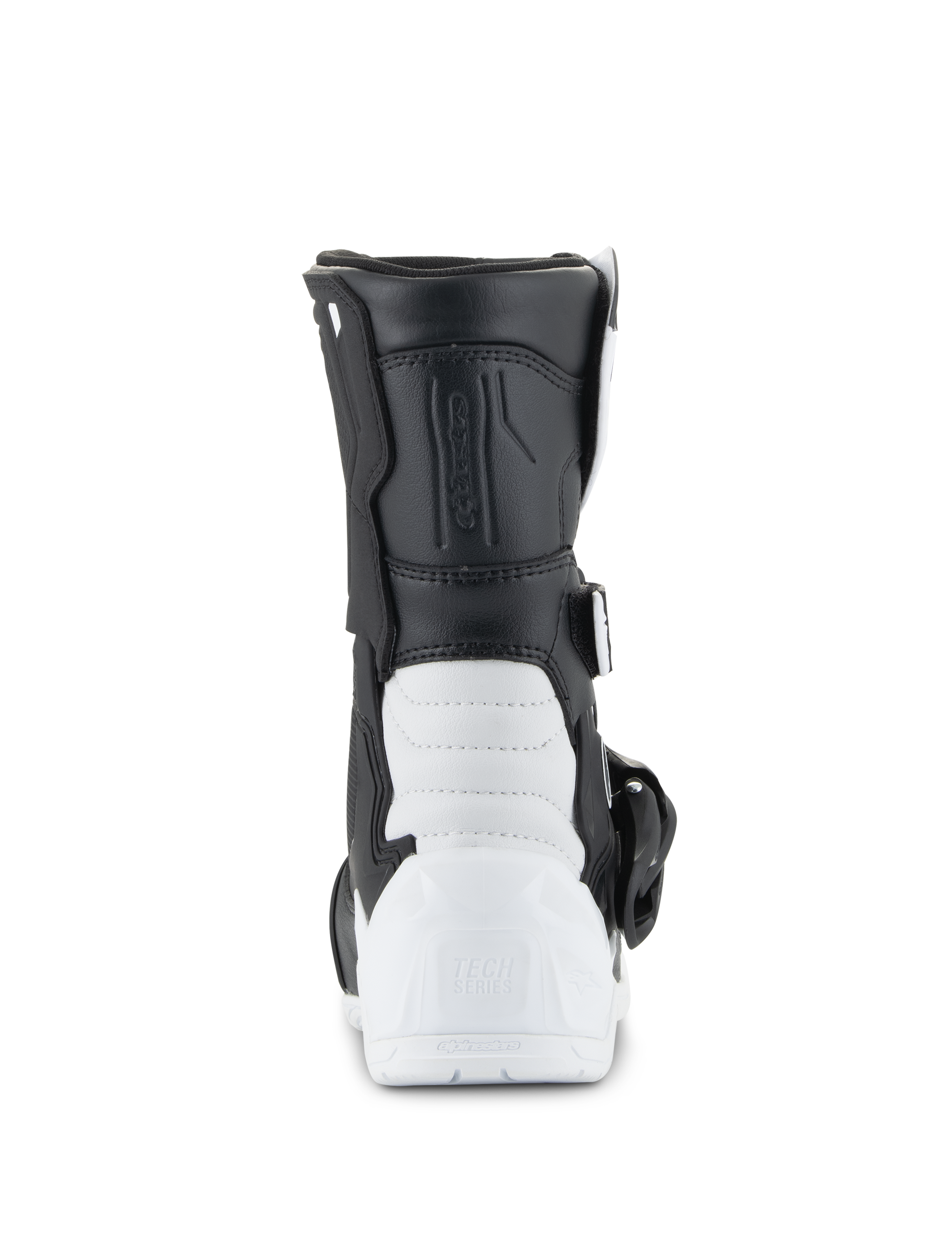 Alpinestars Tech 3S Kinderstiefel, Motocross-Stiefel, Weiß und Schwarz, Rückansicht mit verstärkter TPU-Ferse und Tech Series-Branding, schwarzes synthetisches Obermaterial und weiße Unterschalenkonstruktion, schützendes Offroad-Schuhwerk für Kinder
