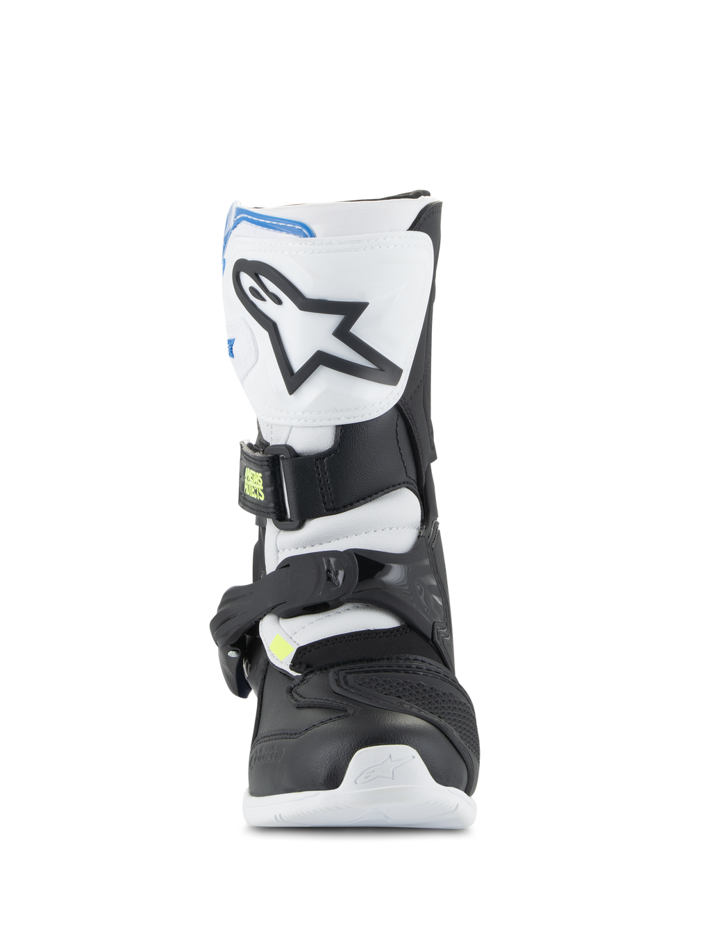 Alpinestars Kids Tech 3S Stiefel, Jugend-Motocross-Stiefel, Weiß, Schwarz und Emaille-Blau, Frontansicht mit TPU-Schienbeinplatte und Stern-Logo, schwarze und weiße Panele, sicheres Schnallenverschlusssystem