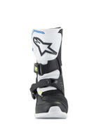 Alpinestars Kids Tech 3S Stiefel, Jugend-Motocross-Stiefel, Weiß, Schwarz und Emaille-Blau, Frontansicht mit TPU-Schienbeinplatte und Stern-Logo, schwarze und weiße Panele, sicheres Schnallenverschlusssystem