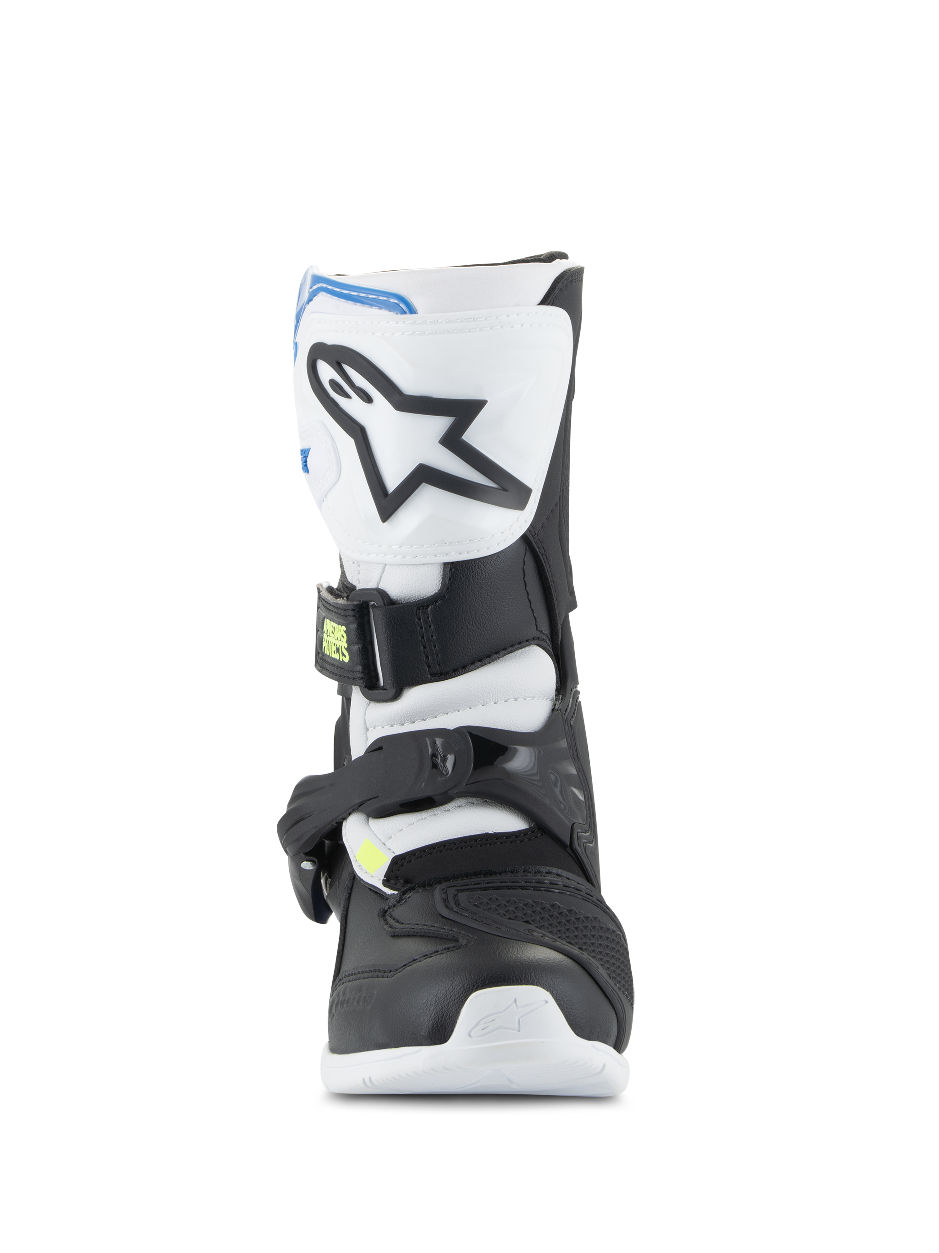 Alpinestars Kids Tech 3S Stiefel, Jugend-Motocross-Stiefel, Weiß, Schwarz und Emaille-Blau, Frontansicht mit TPU-Schienbeinplatte und Stern-Logo, schwarze und weiße Panele, sicheres Schnallenverschlusssystem