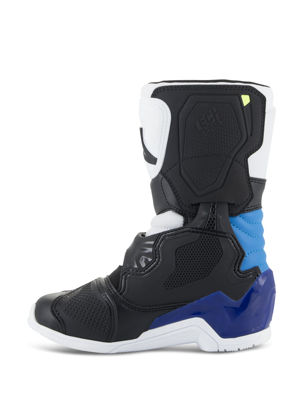 Alpinestars Kids Tech 3S Stiefel, Motocross-Stiefel, Weiß Schwarz Emaille-Blau, Seitenprofil mit schwarzen und weißen Panels sowie leuchtend blauen Akzenten an Ferse und Knöchel, weiße Sohle und strukturierte Schutzschale für den Offroad-Rennsport