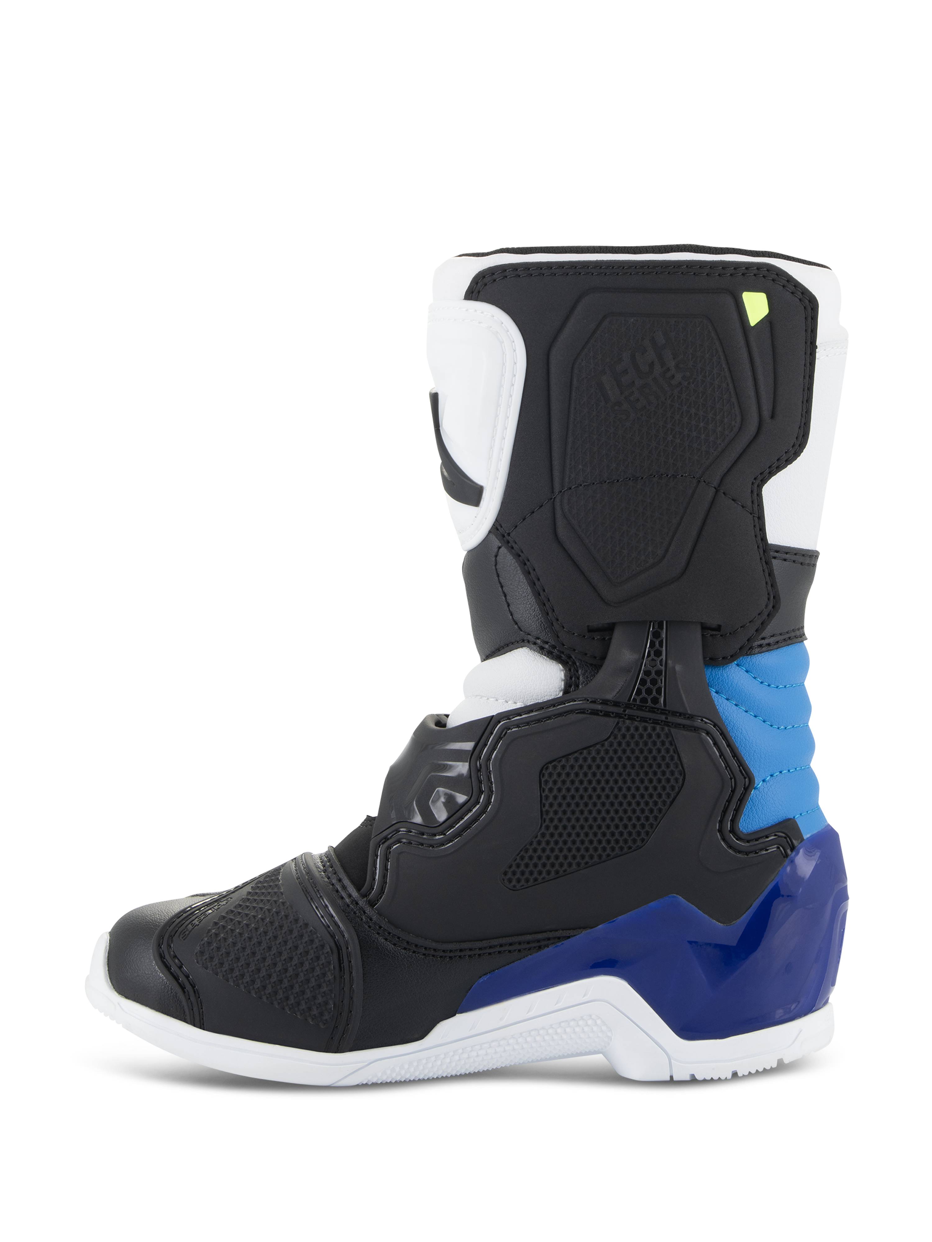 Alpinestars Kids Tech 3S Stiefel, Motocross-Stiefel, Weiß Schwarz Emaille-Blau, Seitenprofil mit schwarzen und weißen Panels sowie leuchtend blauen Akzenten an Ferse und Knöchel, weiße Sohle und strukturierte Schutzschale für den Offroad-Rennsport