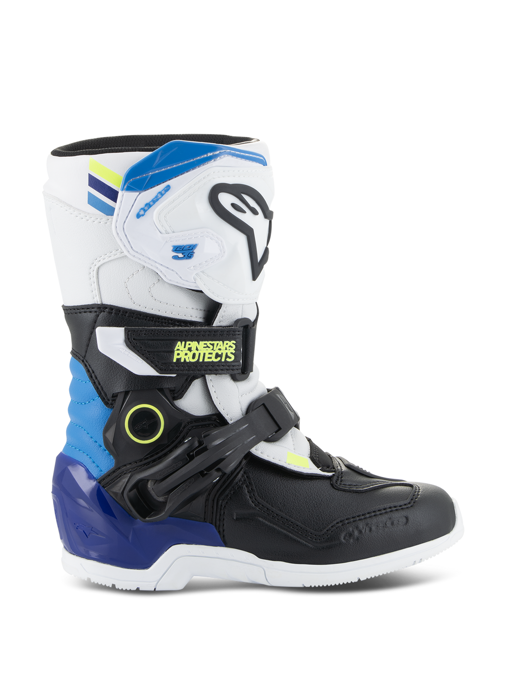 Alpinestars Kids Tech 3S Stiefel, Jugend-Motocross-Stiefel, Weiß und Schwarz mit Akzenten in Enamel Blue und Gelb, Seitenansicht mit schützenden Schnallenriemen und robuster Sohle, Offroad-Rennsport-Schuhwerk