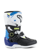Alpinestars Kids Tech 3S Stiefel, Jugend-Motocross-Stiefel, Weiß und Schwarz mit Akzenten in Enamel Blue und Gelb, Seitenansicht mit schützenden Schnallenriemen und robuster Sohle, Offroad-Rennsport-Schuhwerk
