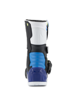 Alpinestars Kids Tech 3S Stiefel, Motocross-Stiefel, Weiß, Schwarz und Enamel Blue, Rückansicht mit blau gepolstertem Fersenbereich und durchscheinender blauer Fersenschale, strapazierfähige Offroad-Schutzausrüstung für Kinder