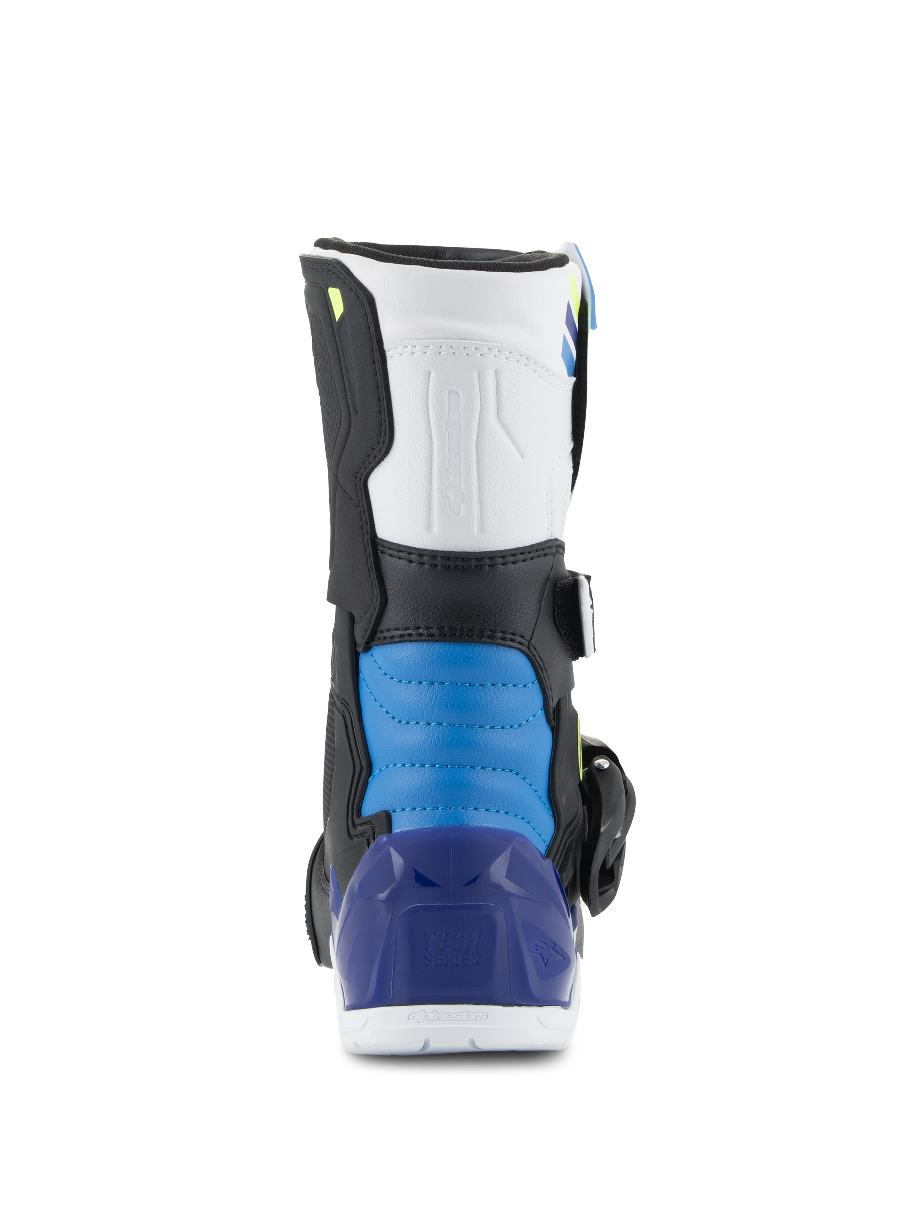Alpinestars Kids Tech 3S Stiefel, Motocross-Stiefel, Weiß, Schwarz und Enamel Blue, Rückansicht mit blau gepolstertem Fersenbereich und durchscheinender blauer Fersenschale, strapazierfähige Offroad-Schutzausrüstung für Kinder