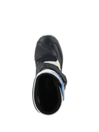 Alpinestars Kids Tech 3S Boots, Motocross-Stiefel, Weiß, Schwarz und Emaille-Blau, Draufsicht mit Blick in das Stiefelinnere, schwarze Mikrofaser-Zehenbox mit Schutzverstärkung und blauen Akzenten, Offroad-Fahrerschuhwerk