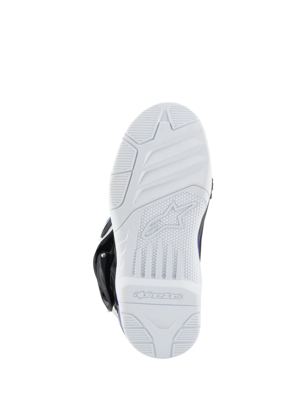Alpinestars Kids Tech 3S Stiefel, Motocross-Stiefel, weiße Gummiaußensohle, strukturiertes Profil für Grip im Gelände, mit Alpinestars-Logo und Schriftzug auf der Unterseite.