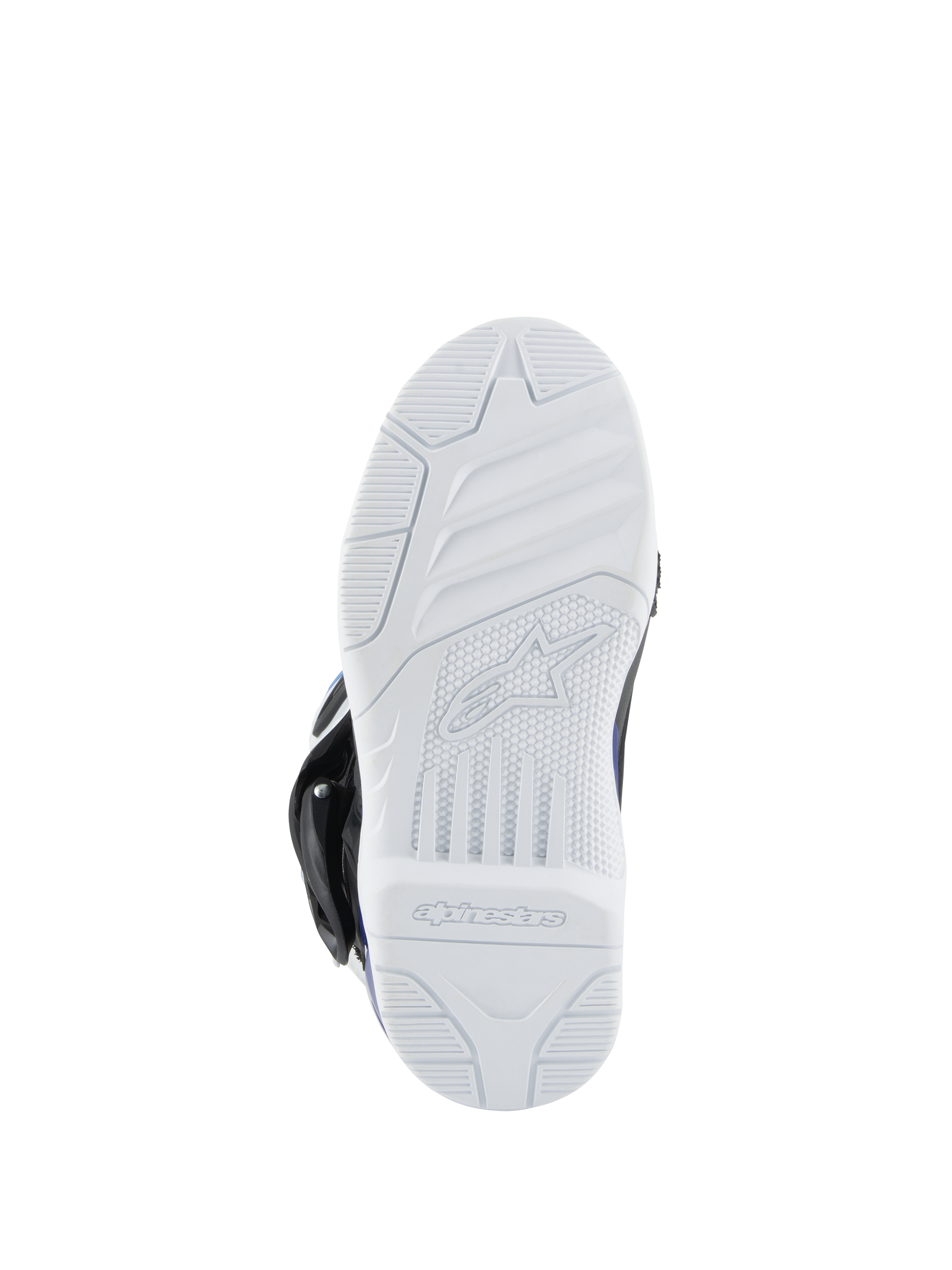 Alpinestars Kids Tech 3S Stiefel, Motocross-Stiefel, weiße Gummiaußensohle, strukturiertes Profil für Grip im Gelände, mit Alpinestars-Logo und Schriftzug auf der Unterseite.