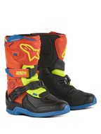 Alpinestars Kids Tech 3S Stiefel, Motocross-Stiefel, Orange Fluo, Enamel Blue und Gelb Fluo mit Schwarz, mit Klettverschlüssen, TPU-Schienbeinplatte und strapazierfähigen Gummisohlen für jugendliches Offroad-Fahren.