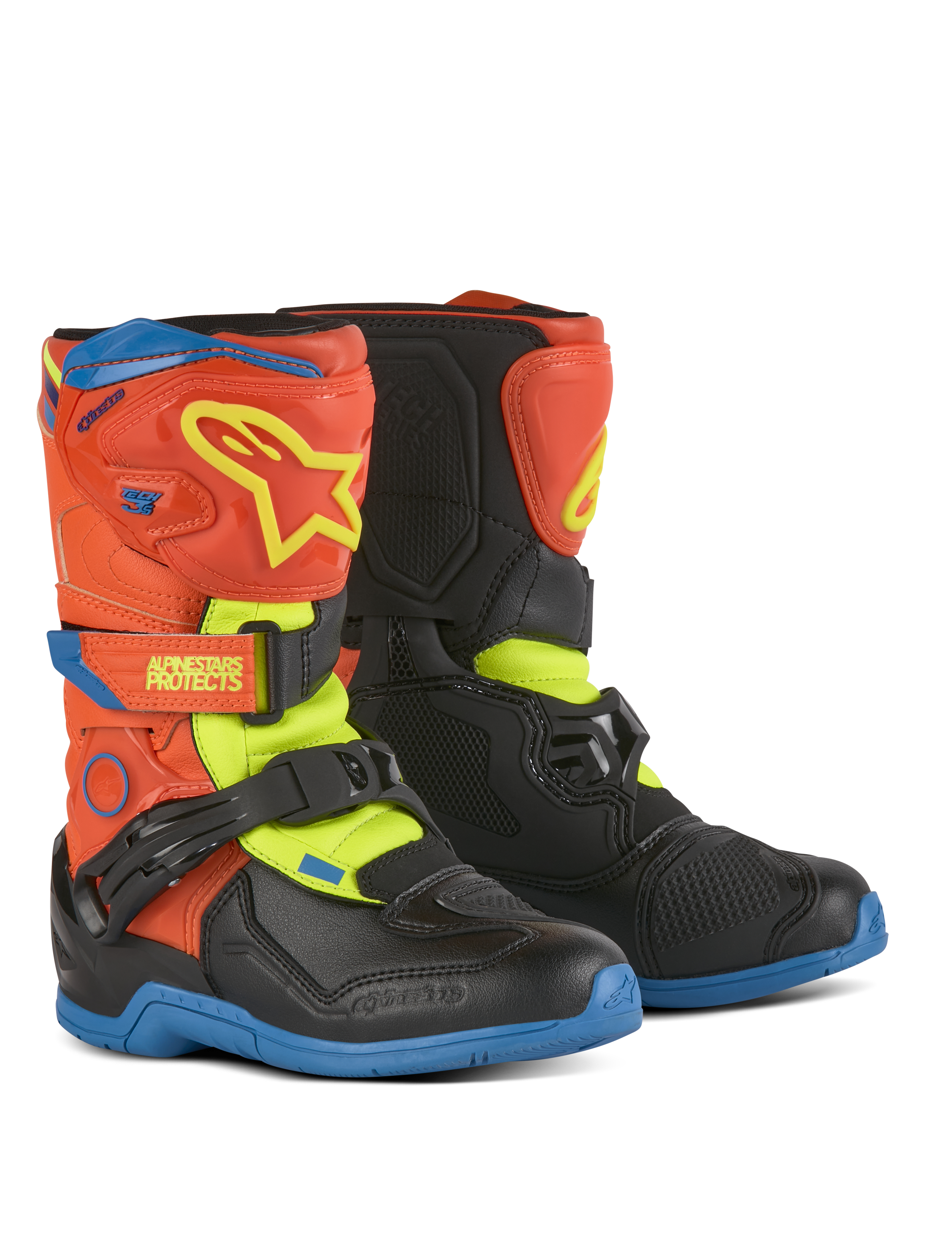 Alpinestars Kids Tech 3S Stiefel, Motocross-Stiefel, Orange Fluo, Enamel Blue und Gelb Fluo mit Schwarz, mit Klettverschlüssen, TPU-Schienbeinplatte und strapazierfähigen Gummisohlen für jugendliches Offroad-Fahren.
