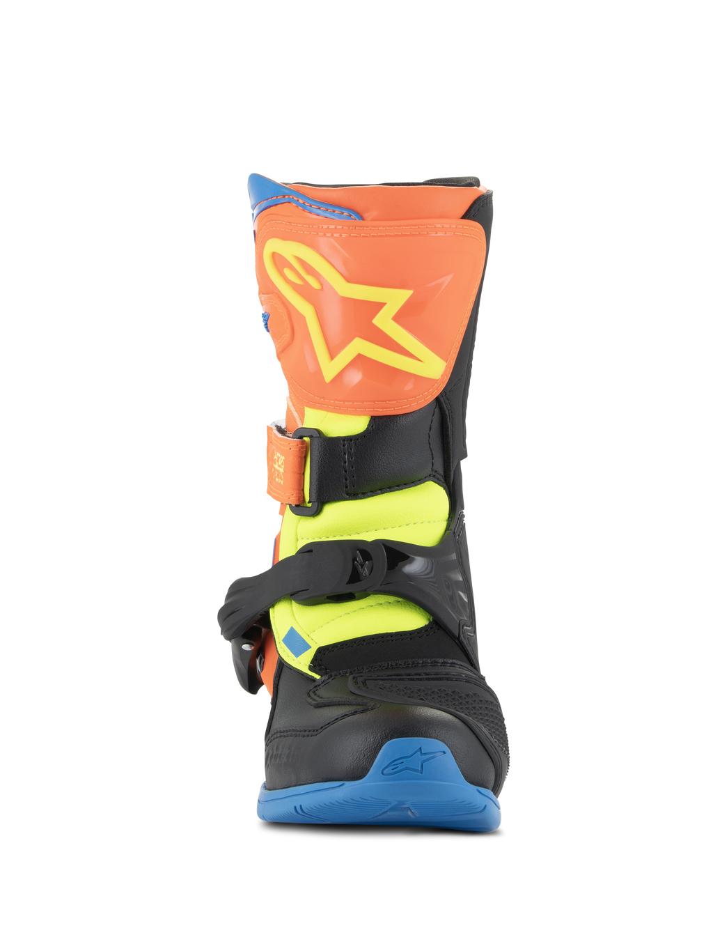 Alpinestars Kids Tech 3S Boots, Motocross-Stiefel, Orange Fluo, Enamel Blue und Yellow Fluo, Vorderansicht mit orangefarbener Schienbeinplatte und gelbem Stern-Logo, schwarze Schnallenverschlüsse und blaue Sohle, schützendes Offroad-Schuhwerk für junge Fahrer