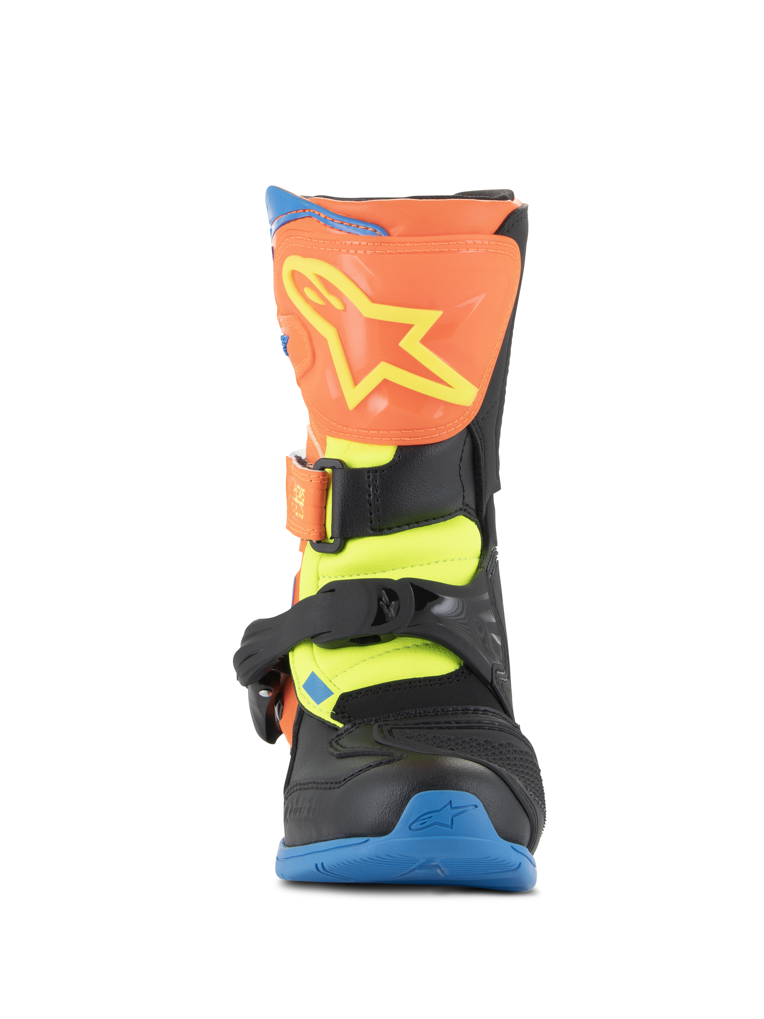 Alpinestars Kids Tech 3S Boots, Motocross-Stiefel, Orange Fluo, Enamel Blue und Yellow Fluo, Vorderansicht mit orangefarbener Schienbeinplatte und gelbem Stern-Logo, schwarze Schnallenverschlüsse und blaue Sohle, schützendes Offroad-Schuhwerk für junge Fahrer