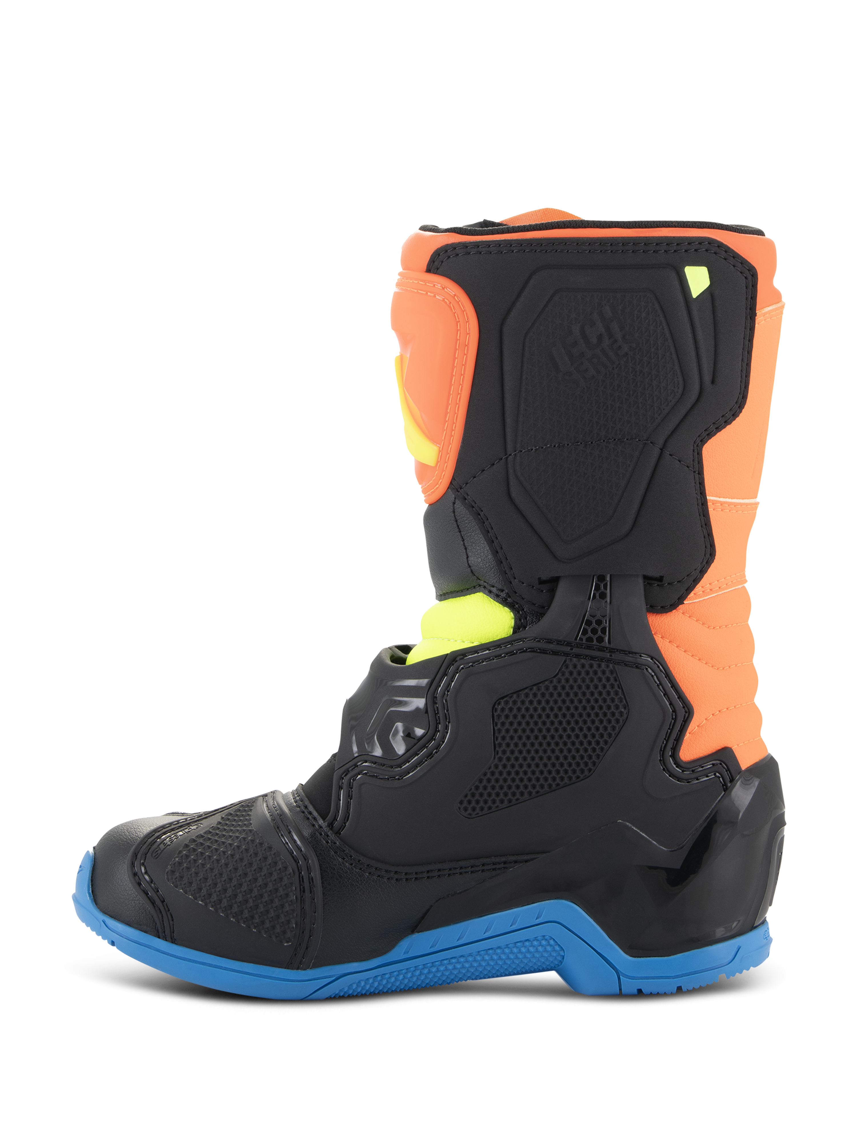 Alpinestars Kids Tech 3S Boots, Motocross-Stiefel, Orange Fluo, Enamel Blue und Gelb Fluo, Seitenansicht mit schwarzen Schutzpanelen, blauer Sohle und orangem Obermaterial, entwickelt für den Jugend-Offroad-Rennsport