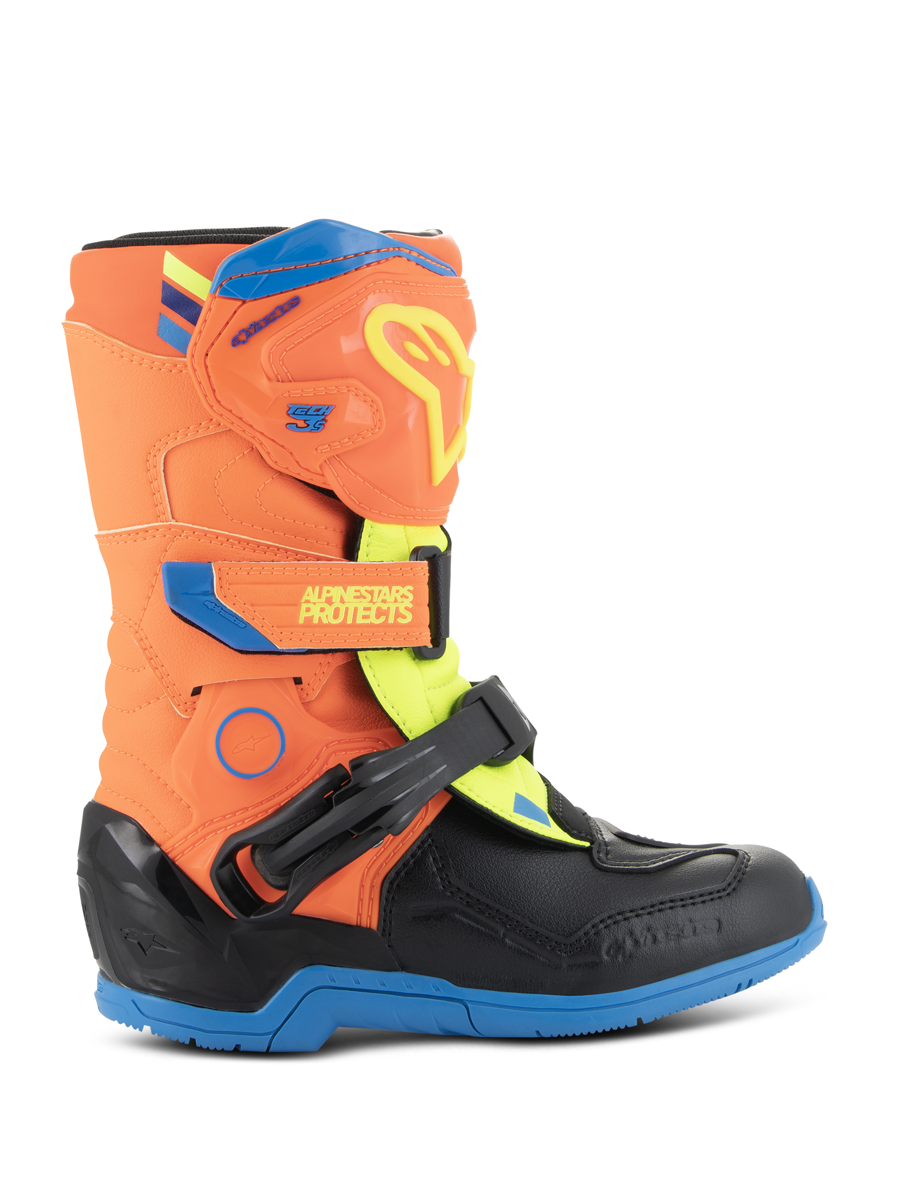 Alpinestars Kids Tech 3S Stiefel, Motocross-Stiefel für Kinder, Orange Fluo, Enamel-Blau und Gelb Fluo, mit schützender TPU-Schienbeinplatte, verstellbaren Klettverschlüssen und robuster blauer Gummisohle, entwickelt für Offroad-Rennsport