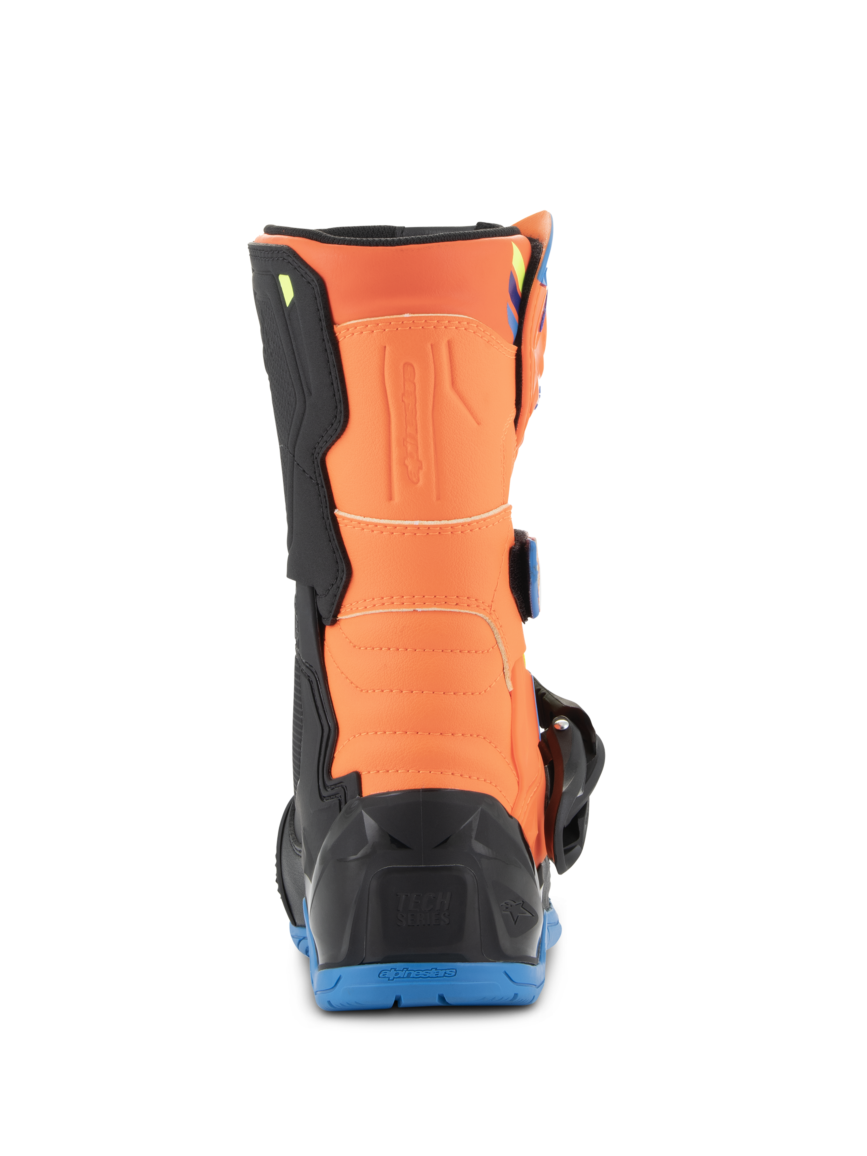 Alpinestars Kids Tech 3S Boots, Jugend-Motocross-Stiefel, Orange Fluo und Enamel Blue, Rückansicht mit orangefarbenem Wadenpanel, schwarzem Fersenschutz und blauer Gummiaußensohle.