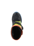 Alpinestars Kids Tech 3S Stiefel, Motocross-Stiefel, Fluo-Orange, Enamel-Blau und Fluo-Gelb, Draufsicht mit Blick in die gepolsterte Öffnung, schwarze Mikrofaser-Zehenkappe und Schnallenverschluss.