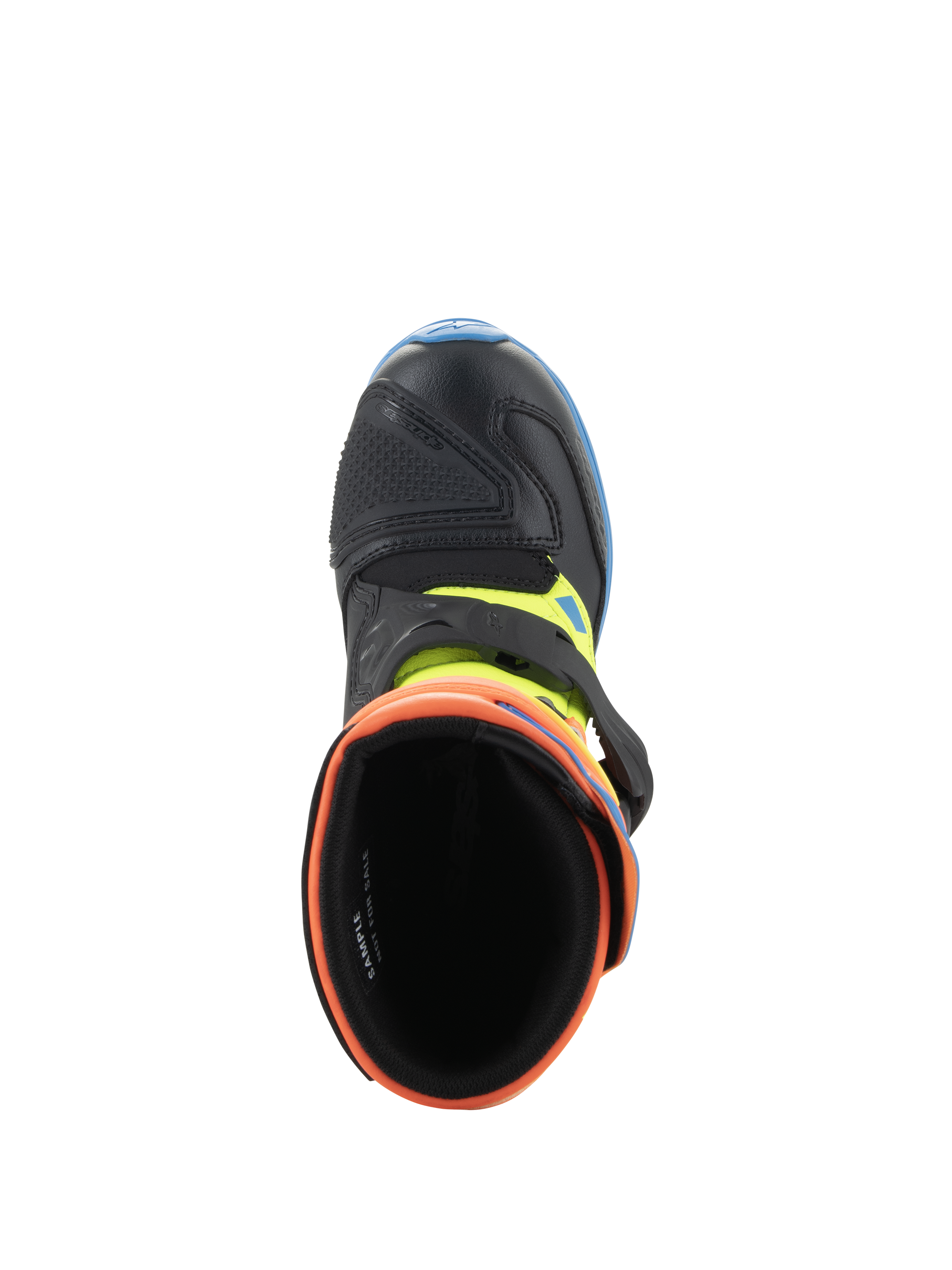 Alpinestars Kids Tech 3S Stiefel, Motocross-Stiefel, Fluo-Orange, Enamel-Blau und Fluo-Gelb, Draufsicht mit Blick in die gepolsterte Öffnung, schwarze Mikrofaser-Zehenkappe und Schnallenverschluss.