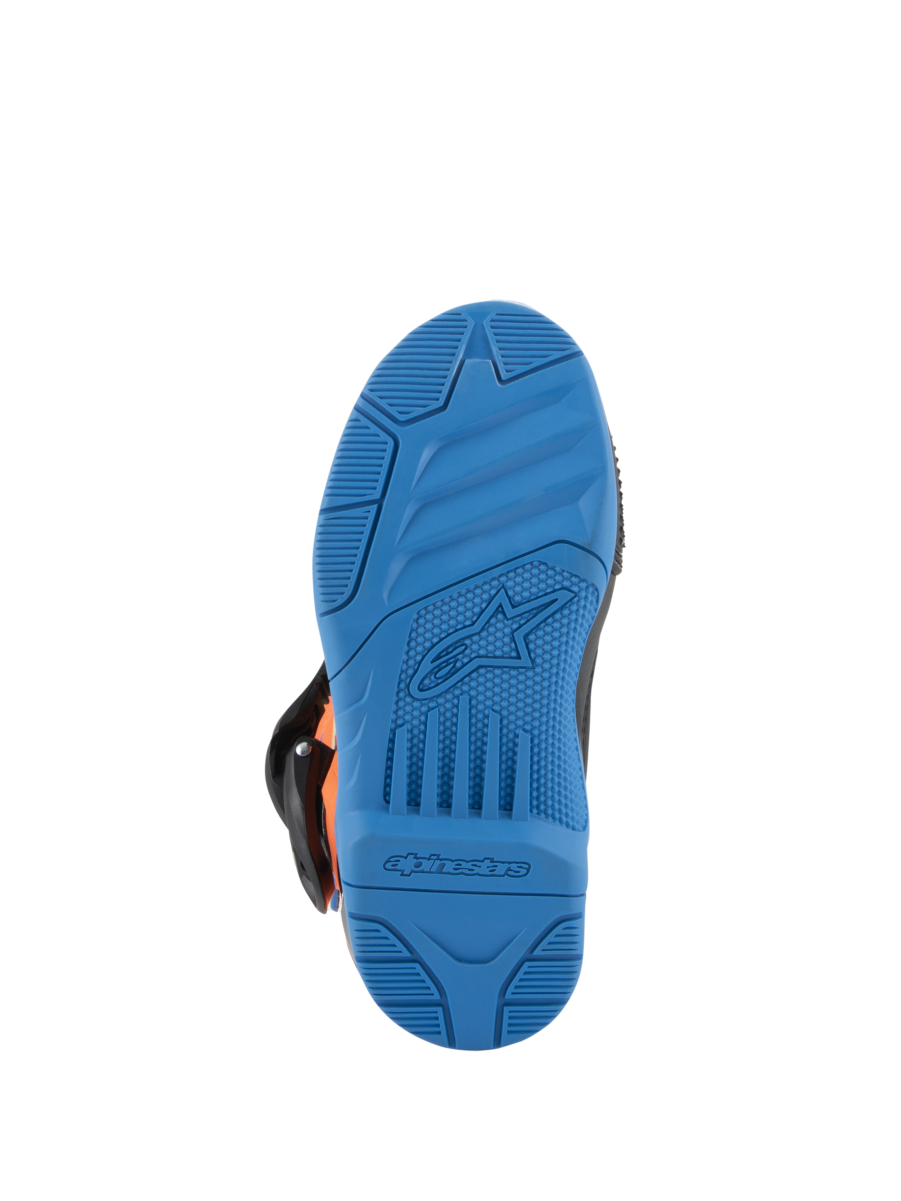 Alpinestars Kids Tech 3S Stiefel, Motocross-Stiefel, Sohlenansicht in Enamel Blue, griffige Gummiaußensohle mit strukturierten Grip-Profilen, geprägtes Alpinestars Stern-Logo und Schriftzug, strapazierfähiges Offroad-Schuhdesign