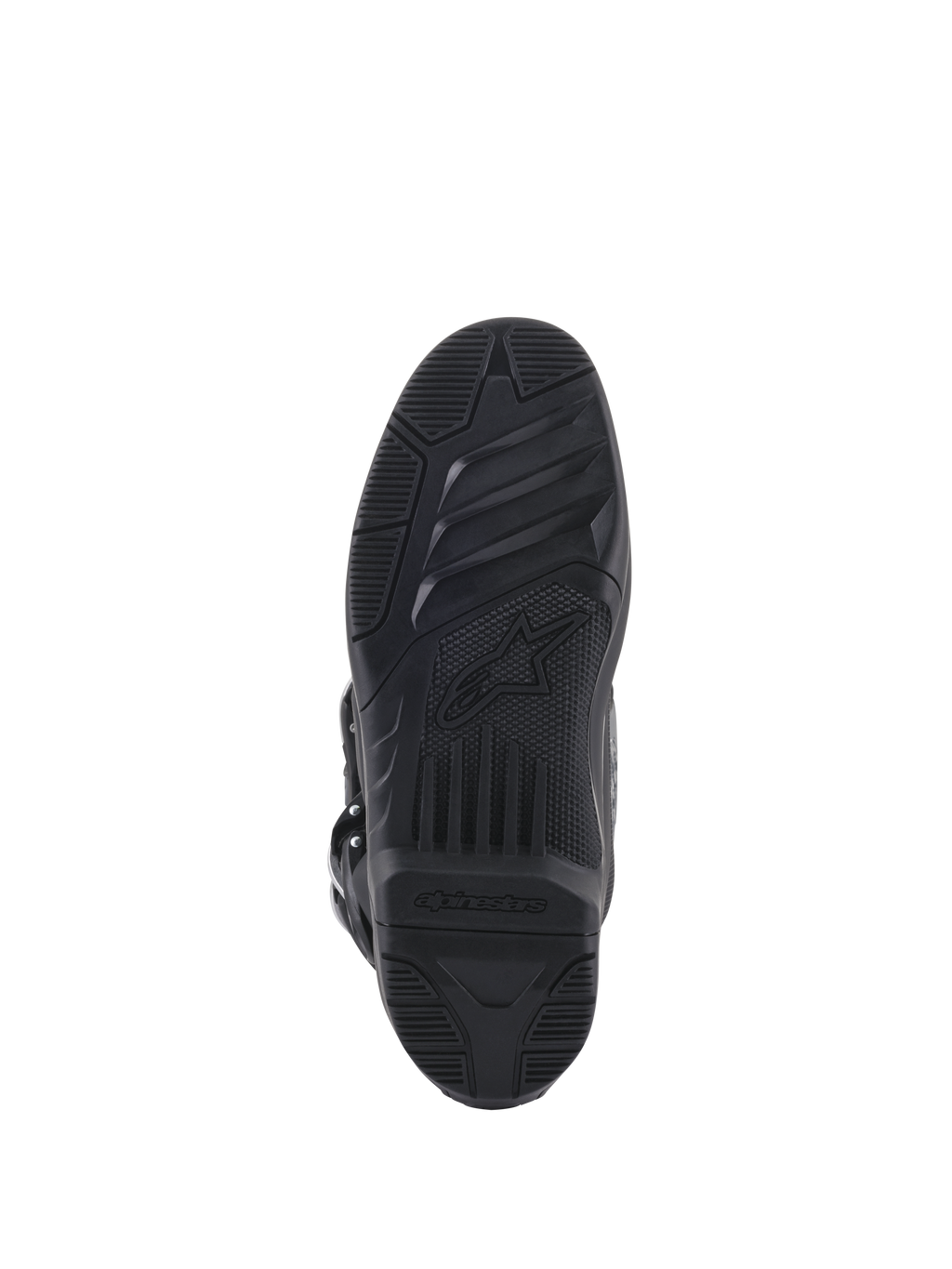 Alpinestars Tech 5 Stiefel, Ansicht der Außensohle, Schwarz, austauschbare Dual-Compound-Sohle mit griffiger Textur und Markenlogo, Motocross-Schutzausrüstung.