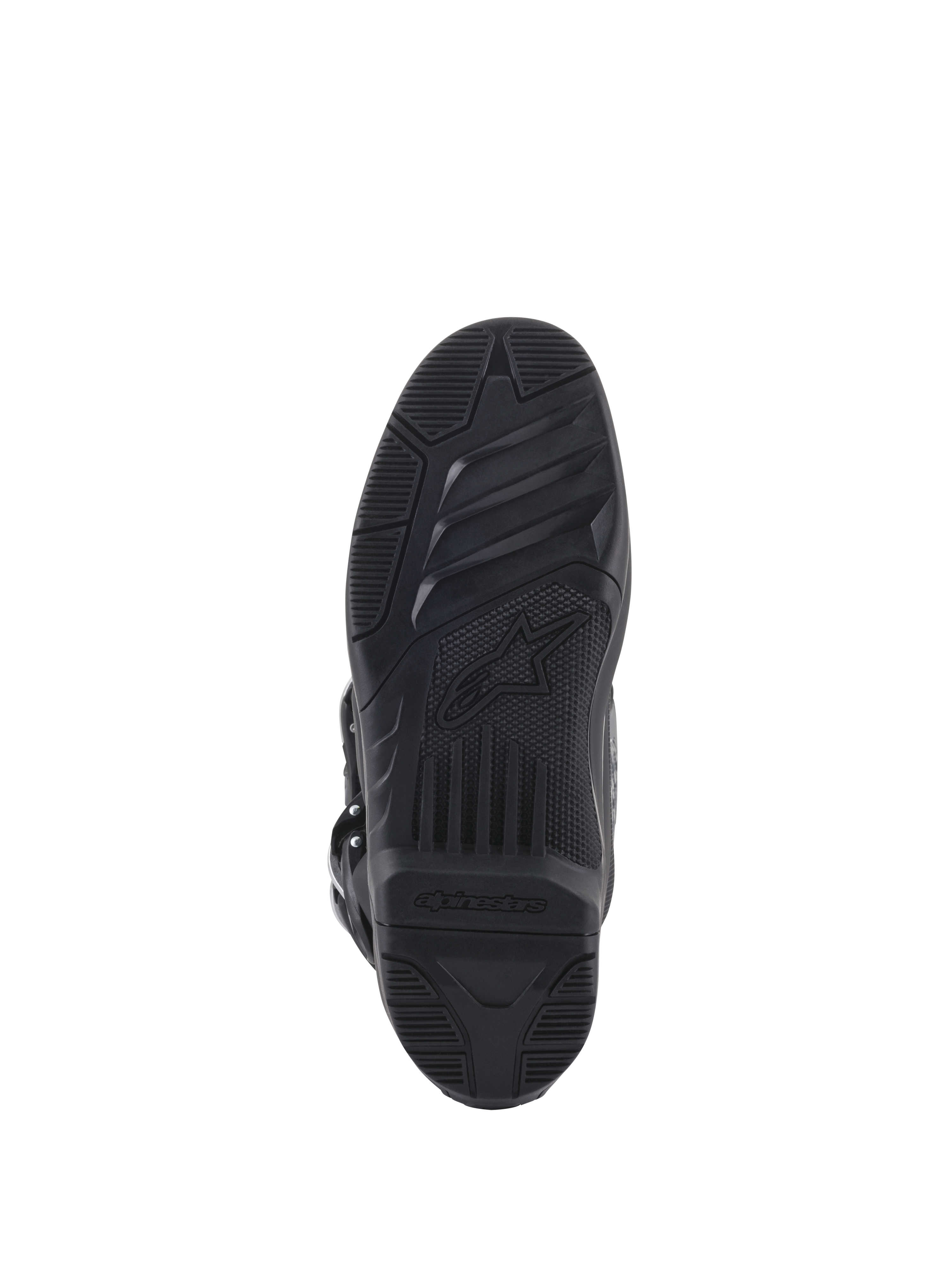 Alpinestars Tech 5 Stiefel, Ansicht der Außensohle, Schwarz, austauschbare Dual-Compound-Sohle mit griffiger Textur und Markenlogo, Motocross-Schutzausrüstung.
