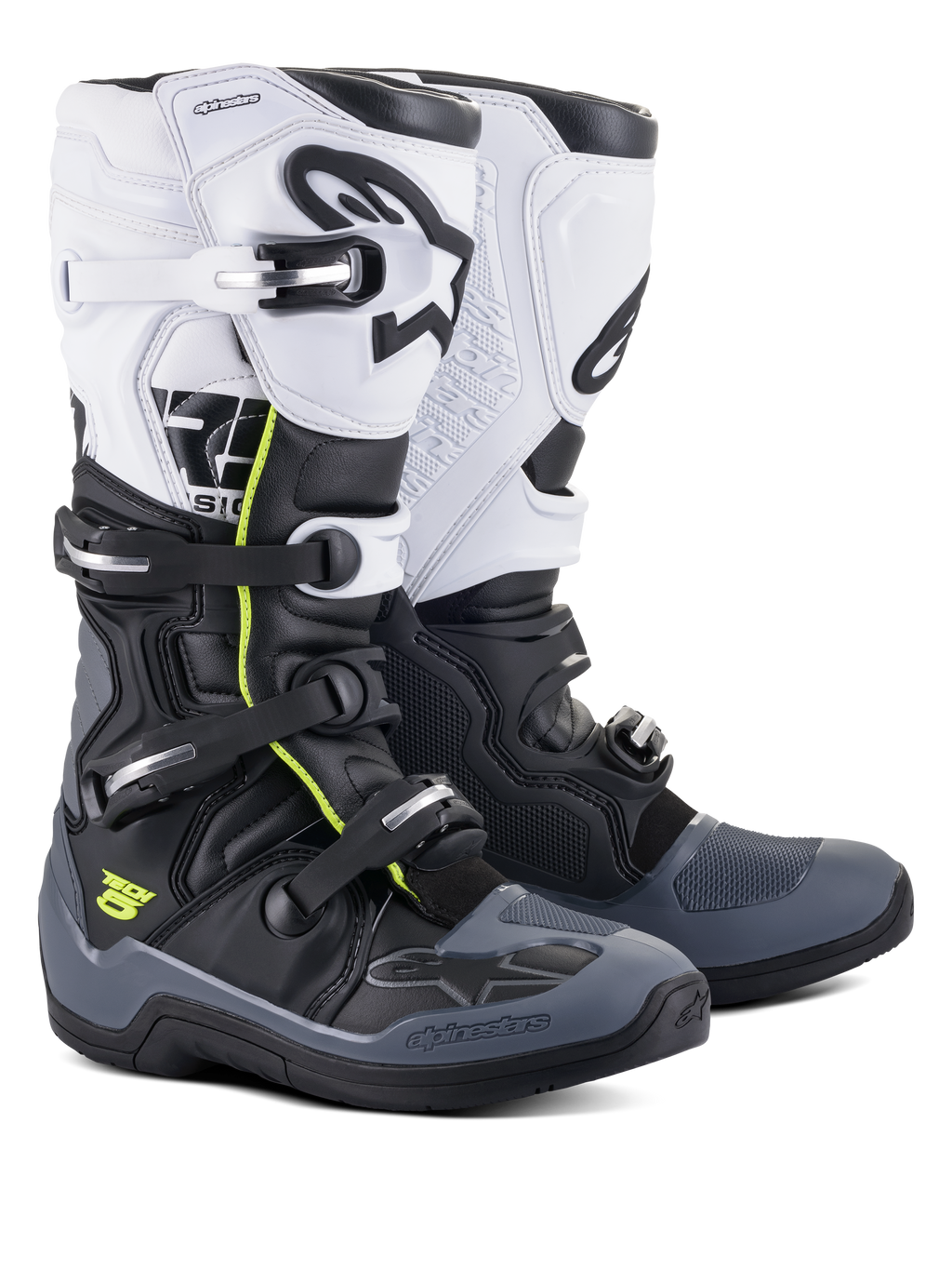 Alpinestars Tech 5 Stiefel, Motocross- und Offroad-Stiefel, Schwarz, Dunkelgrau und Weiß mit neongelben Akzenten, Vier-Schnallen-Verschlusssystem, oberes weißes Paneel mit schwarzem Astars-Logo, dunkelgrauer Zehen- und Fersenschutz, langlebige Mikrofaser-Konstruktion
