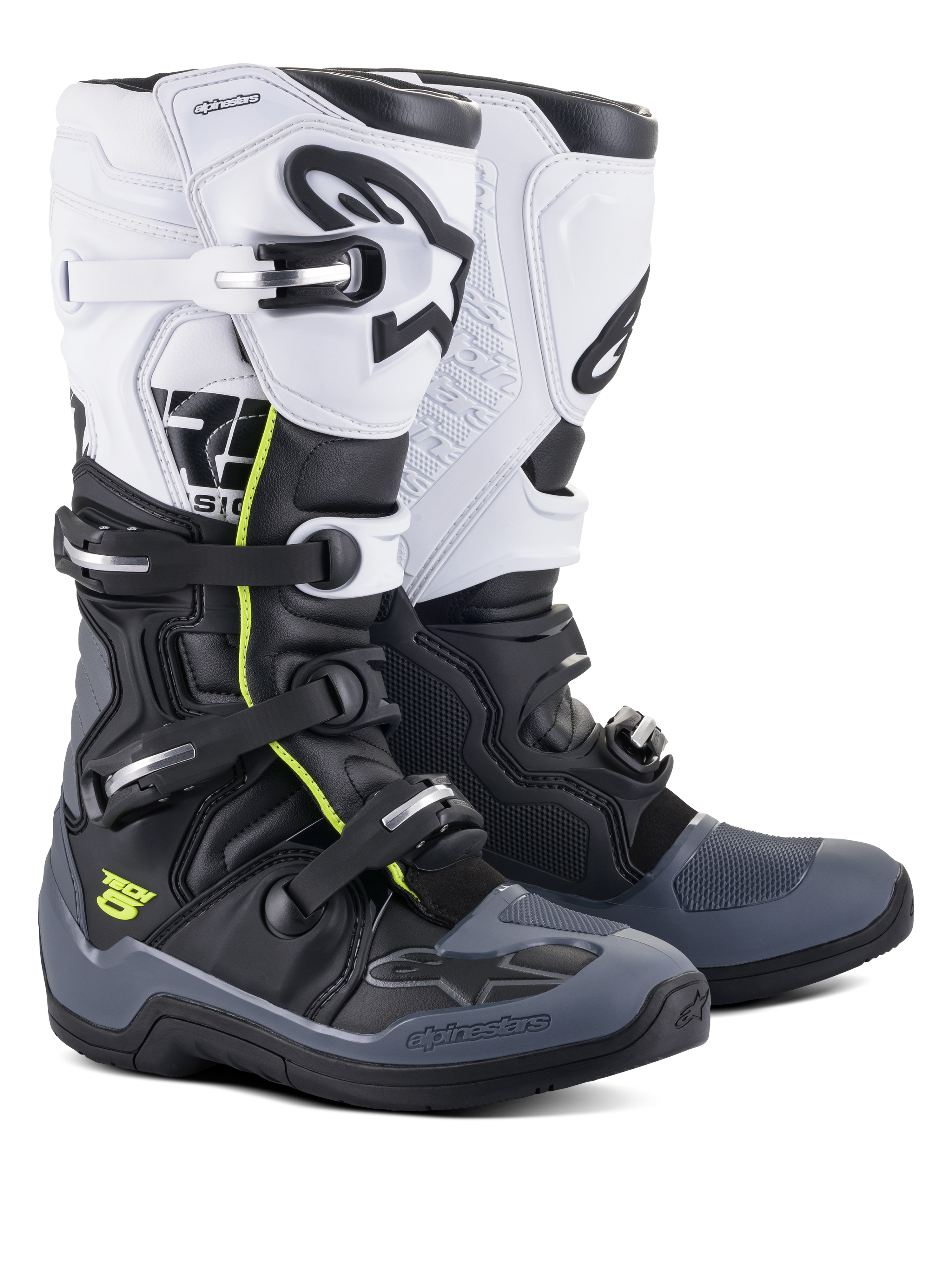 Alpinestars Tech 5 Stiefel, Motocross- und Offroad-Stiefel, Schwarz, Dunkelgrau und Weiß mit neongelben Akzenten, Vier-Schnallen-Verschlusssystem, oberes weißes Paneel mit schwarzem Astars-Logo, dunkelgrauer Zehen- und Fersenschutz, langlebige Mikrofaser-Konstruktion