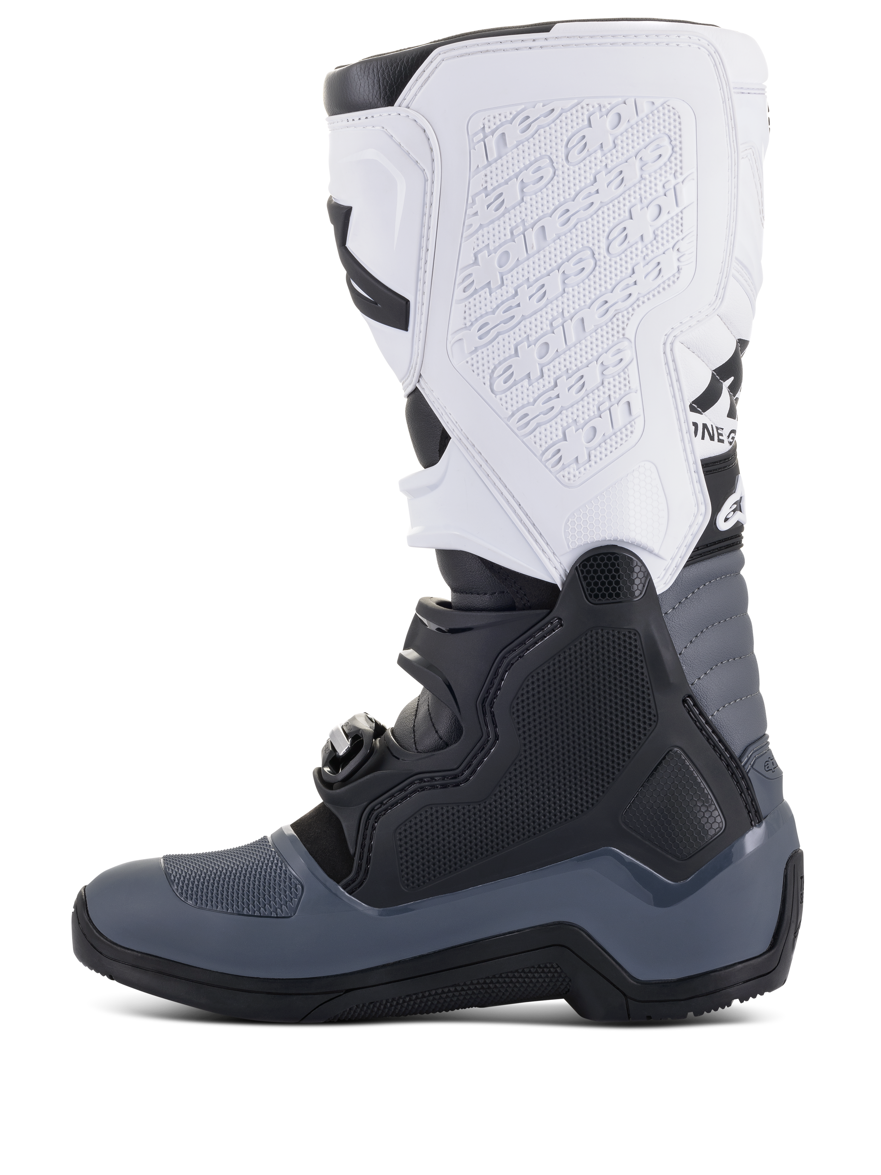 Alpinestars Tech 5 Stiefel, Motocross-Stiefel, Schwarz, Dunkelgrau und Weiß, Seitenansicht mit mehreren Schnallenverschlüssen, geprägtem Branding auf der weißen Schienbeinplatte und strapazierfähiger Konstruktion für Offroad-Performance