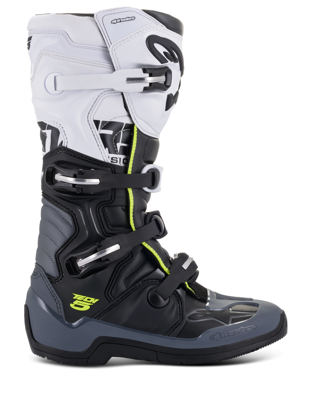 Alpinestars Tech 5 Stiefel, Motocross-Rennstiefel, Weiß, Schwarz und Dunkelgrau mit neongelben Akzenten, Vier-Schnallen-Verschlusssystem, verstärkte Schutzpaneele und biomechanisches Gelenk, hochwertige Mikrofaser-Konstruktion für Offroad-Performance