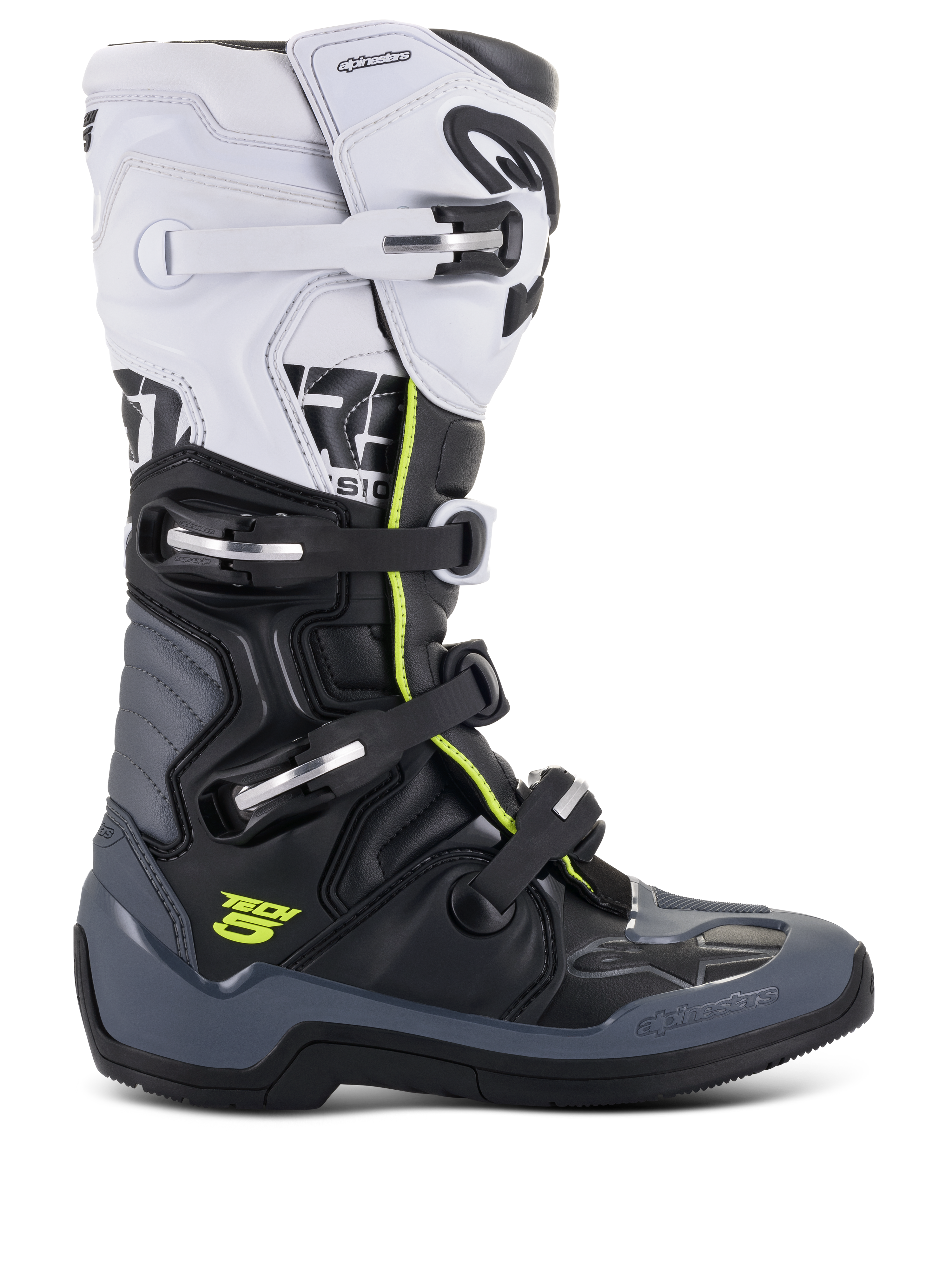 Alpinestars Tech 5 Stiefel, Motocross-Rennstiefel, Weiß, Schwarz und Dunkelgrau mit neongelben Akzenten, Vier-Schnallen-Verschlusssystem, verstärkte Schutzpaneele und biomechanisches Gelenk, hochwertige Mikrofaser-Konstruktion für Offroad-Performance