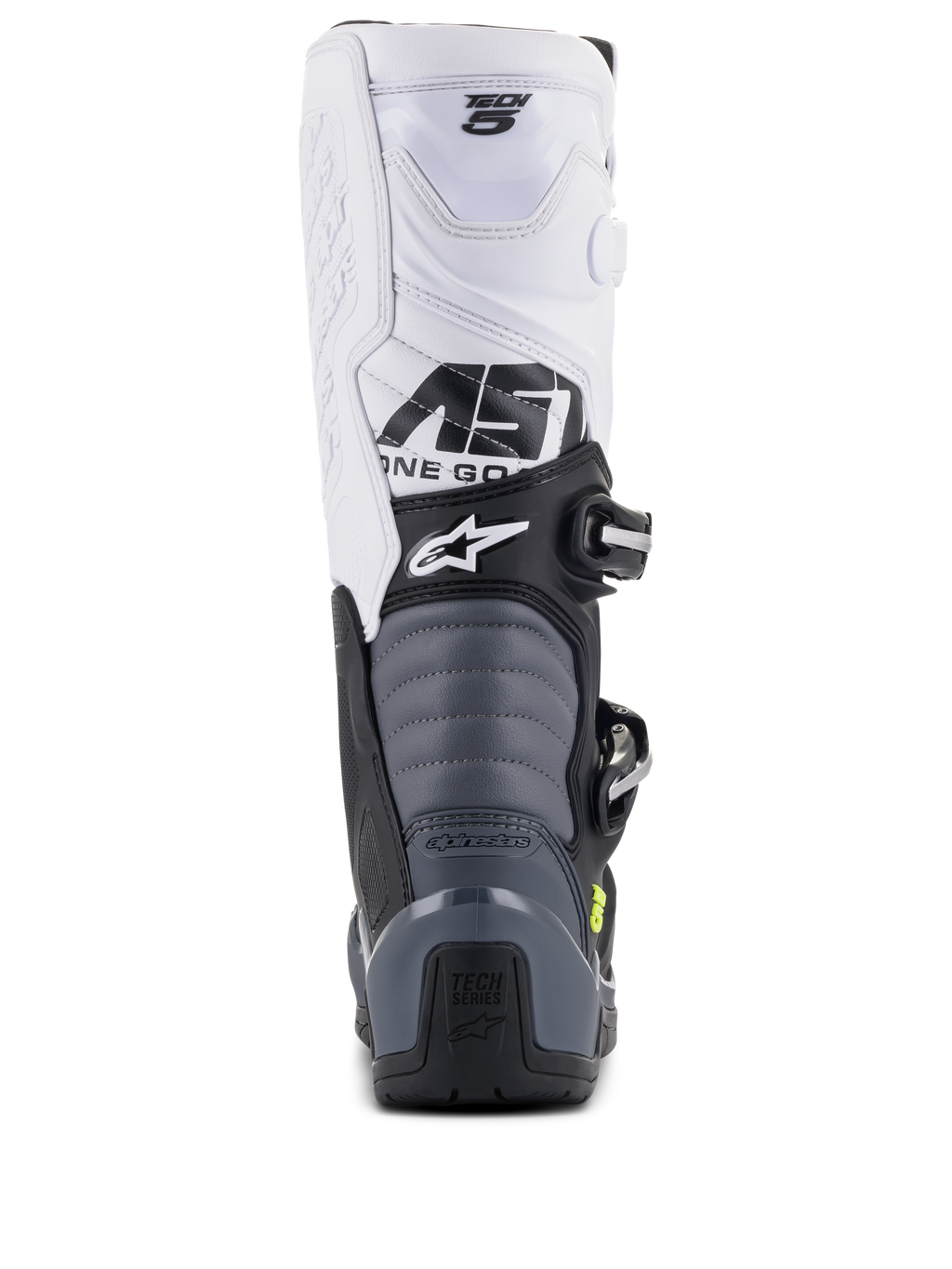 Alpinestars Tech 5 Stiefel, Motocross-Stiefel, Schwarz, Dunkelgrau, Weiß, Rückansicht mit weißem Schaft und Tech 5-Branding, grauen Akkordeon-Flexzonen und schwarzem Fersenschutz mit Tech Series-Logo