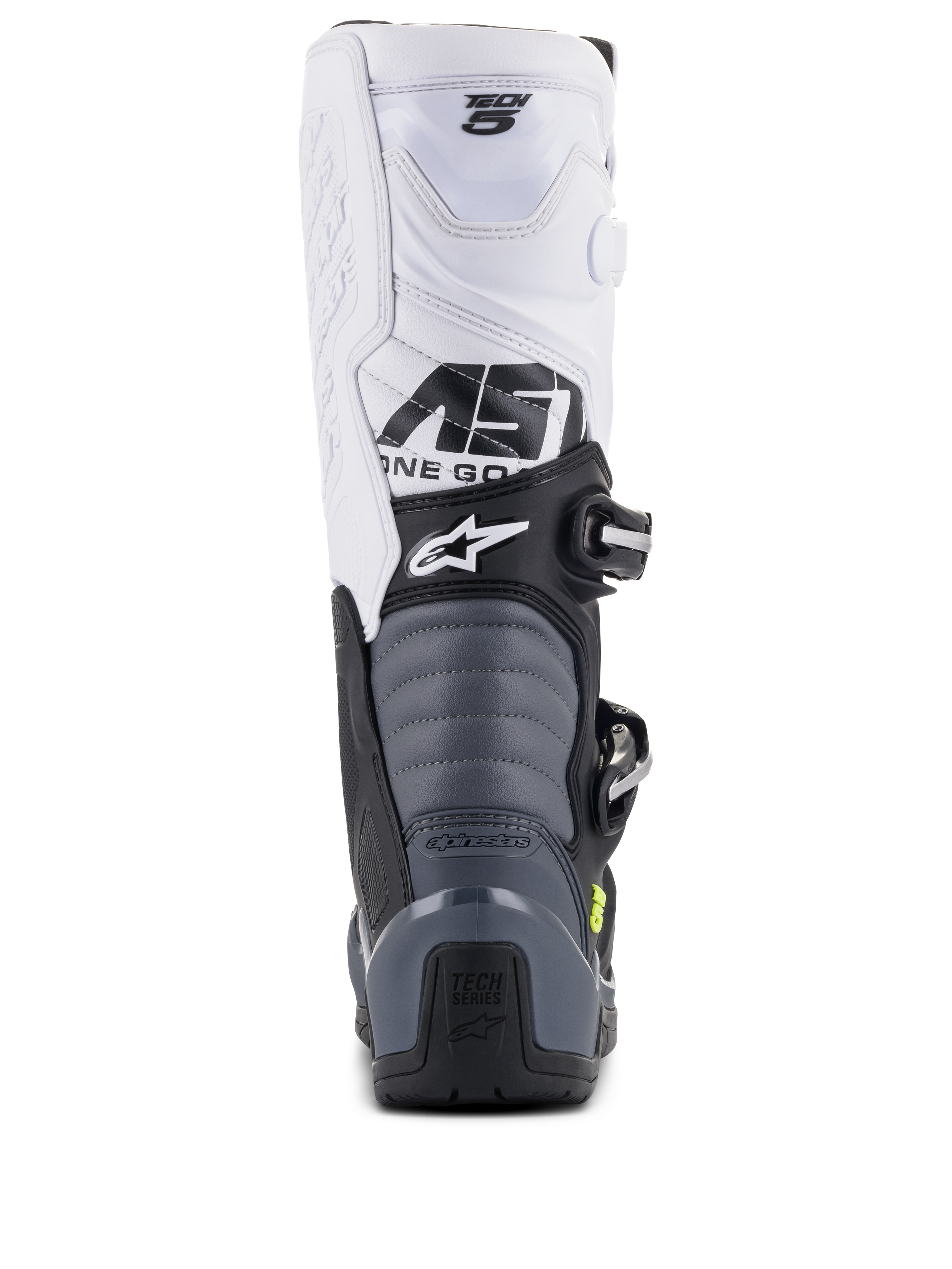Alpinestars Tech 5 Stiefel, Motocross-Stiefel, Schwarz, Dunkelgrau, Weiß, Rückansicht mit weißem Schaft und Tech 5-Branding, grauen Akkordeon-Flexzonen und schwarzem Fersenschutz mit Tech Series-Logo