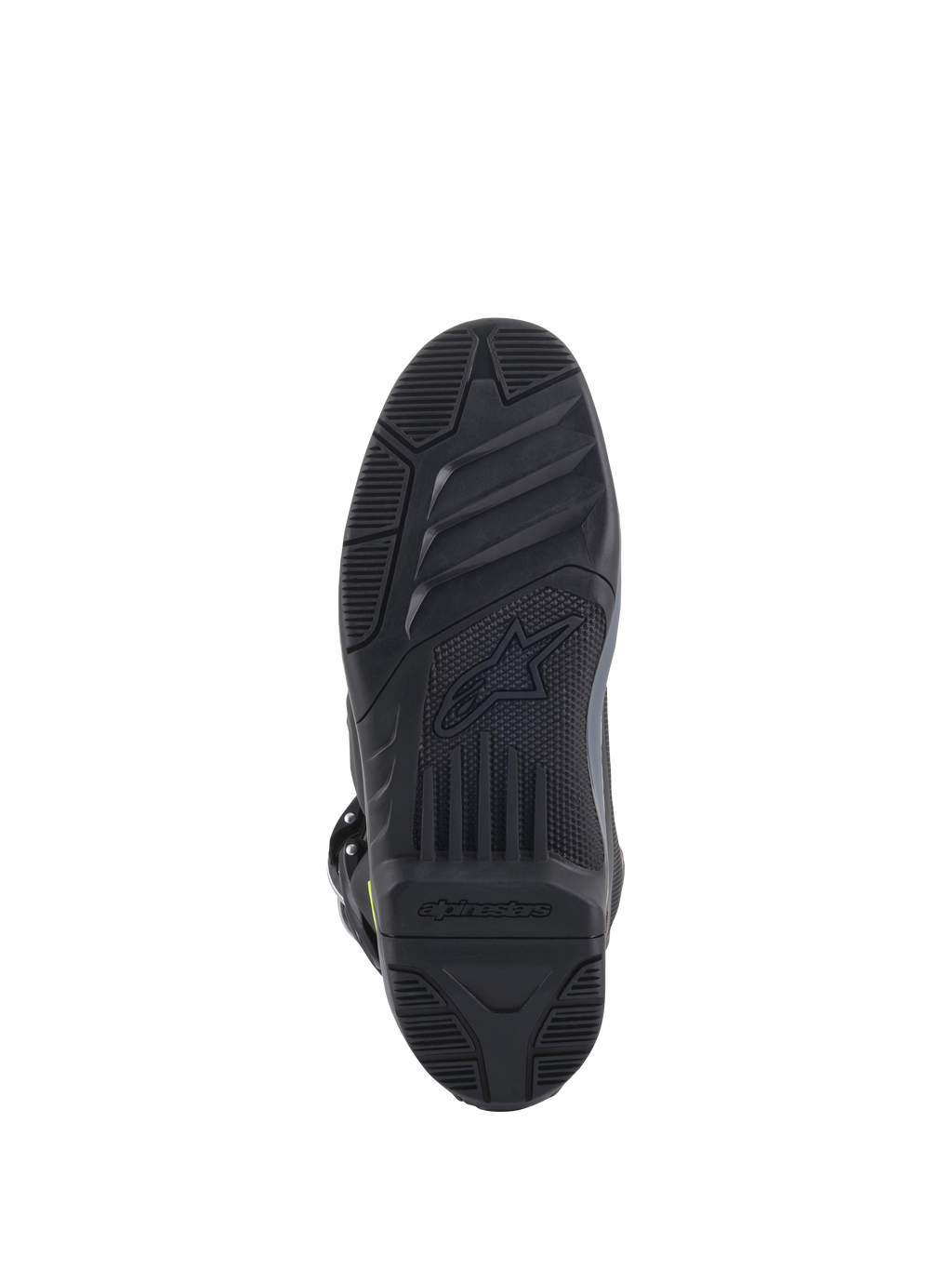 Alpinestars Tech 5 Stiefel, Sohlenansicht, Schwarz, detailliertes texturiertes Profil für Offroad-Grip, mit geprägtem Alpinestars-Logo und Sternsymbol, strapazierfähige Motocross-Schuhkonstruktion