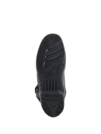 Alpinestars Tech 5 Stiefel, Sohlenansicht, Schwarz, detailliertes texturiertes Profil für Offroad-Grip, mit geprägtem Alpinestars-Logo und Sternsymbol, strapazierfähige Motocross-Schuhkonstruktion