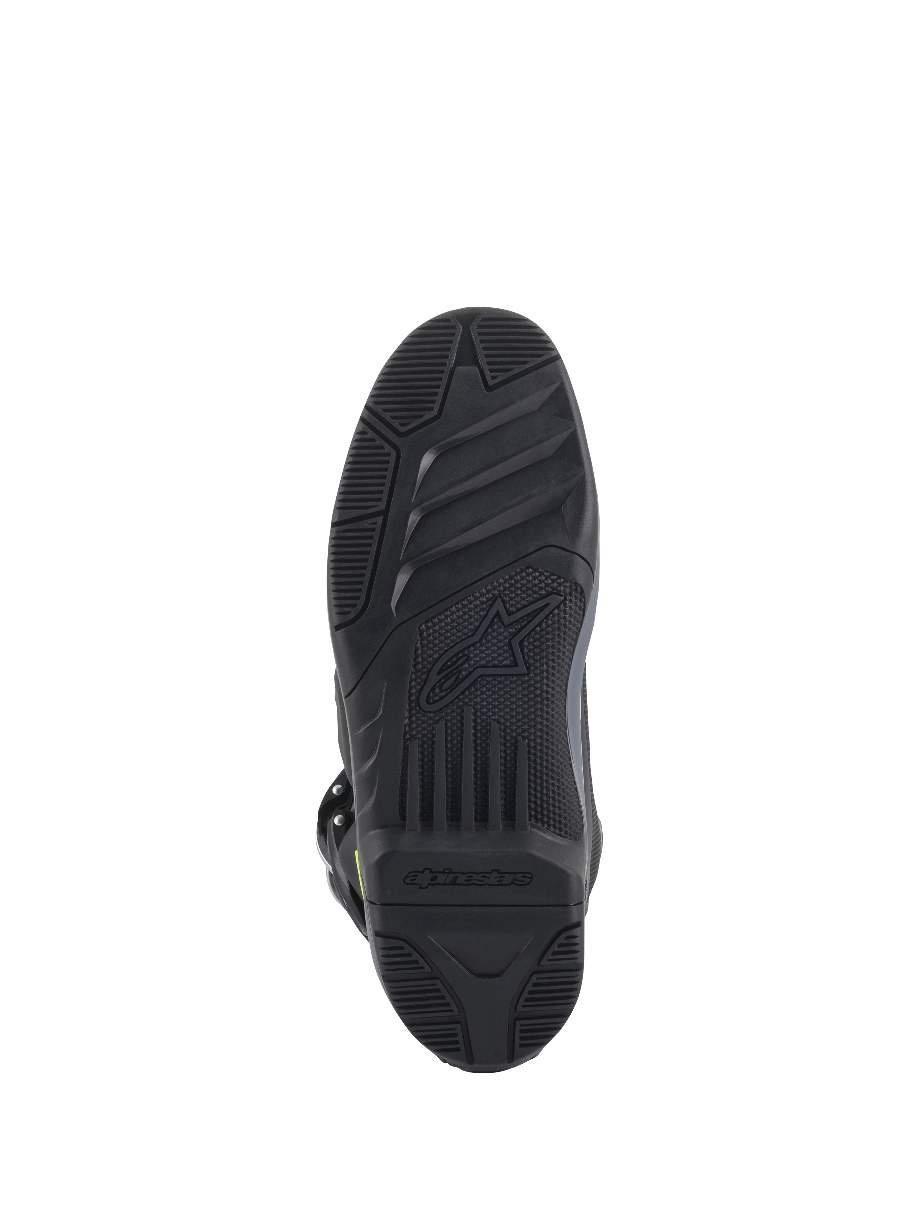Alpinestars Tech 5 Stiefel, Sohlenansicht, Schwarz, detailliertes texturiertes Profil für Offroad-Grip, mit geprägtem Alpinestars-Logo und Sternsymbol, strapazierfähige Motocross-Schuhkonstruktion