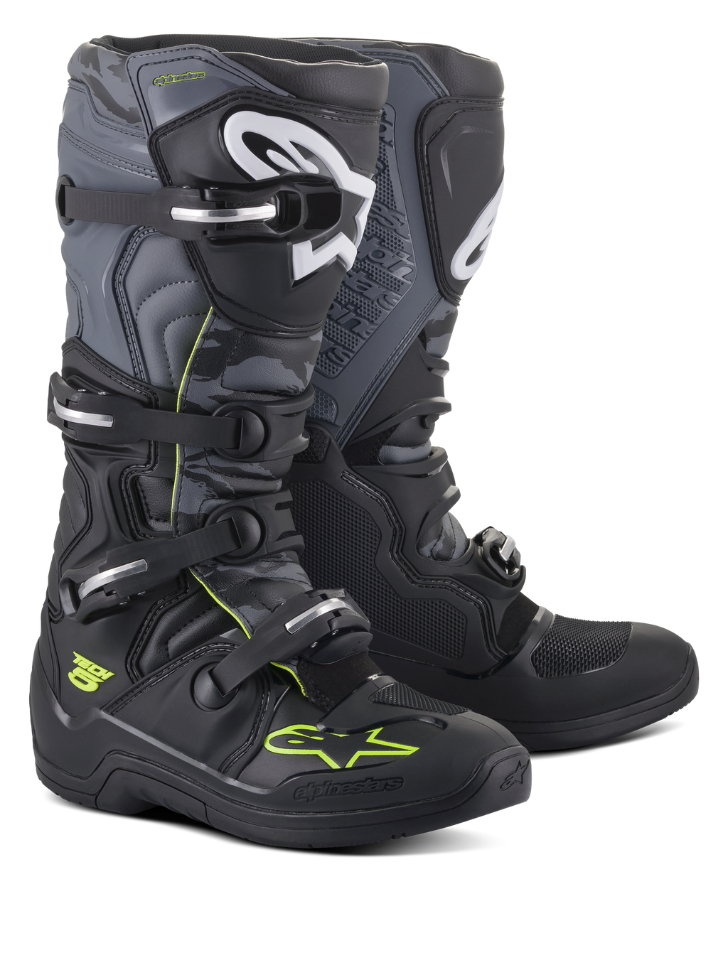 Alpinestars Tech 5 Stiefel, Motocross- und Offroad-Stiefel, Schwarz, Cool Gray und Gelb Fluo, mit einem Vier-Schnallen-Verschlusssystem, weißen Logos am Schienbein und neongelben Akzenten, strapazierfähige Mikrofaser-Konstruktion für Offroad-Performance.
