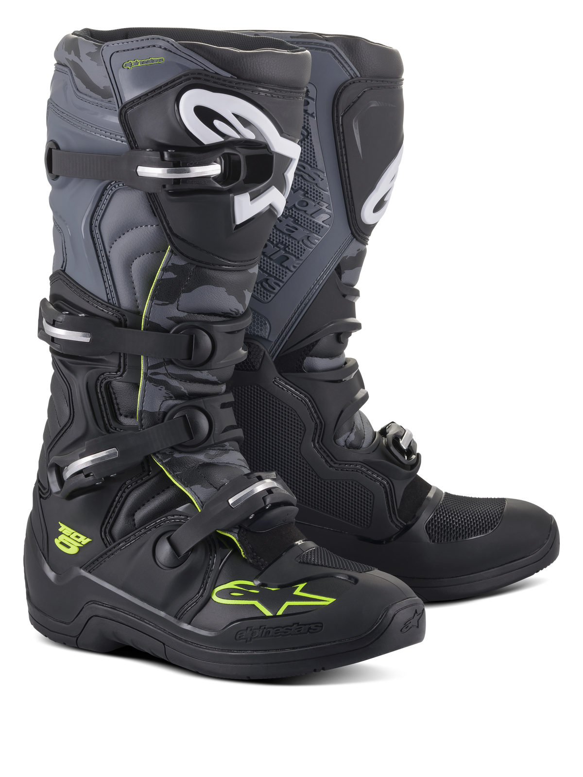 Alpinestars Tech 5 Stiefel, Motocross- und Offroad-Stiefel, Schwarz, Cool Gray und Gelb Fluo, mit einem Vier-Schnallen-Verschlusssystem, weißen Logos am Schienbein und neongelben Akzenten, strapazierfähige Mikrofaser-Konstruktion für Offroad-Performance.
