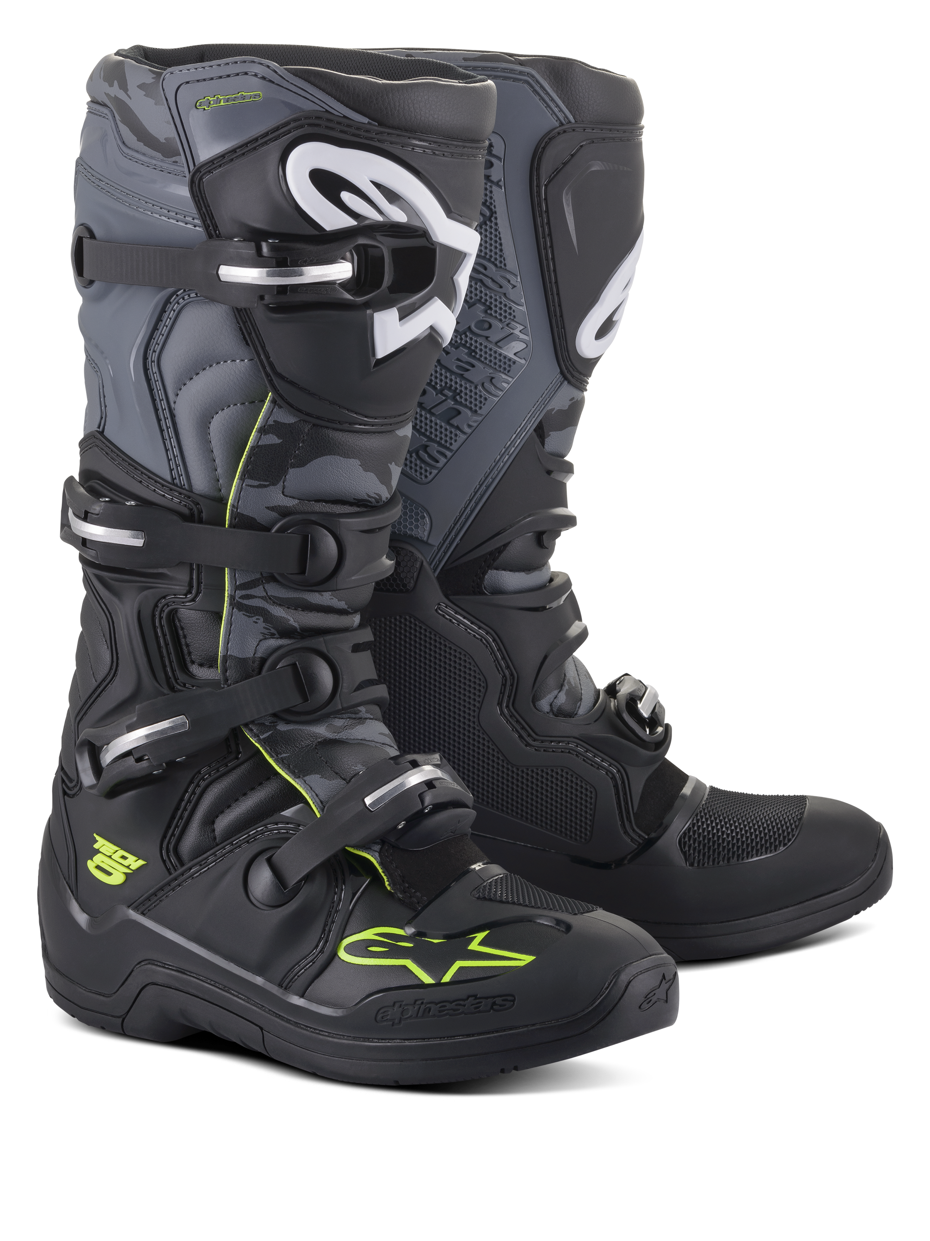 Alpinestars Tech 5 Stiefel, Motocross- und Offroad-Stiefel, Schwarz, Cool Gray und Gelb Fluo, mit einem Vier-Schnallen-Verschlusssystem, weißen Logos am Schienbein und neongelben Akzenten, strapazierfähige Mikrofaser-Konstruktion für Offroad-Performance.