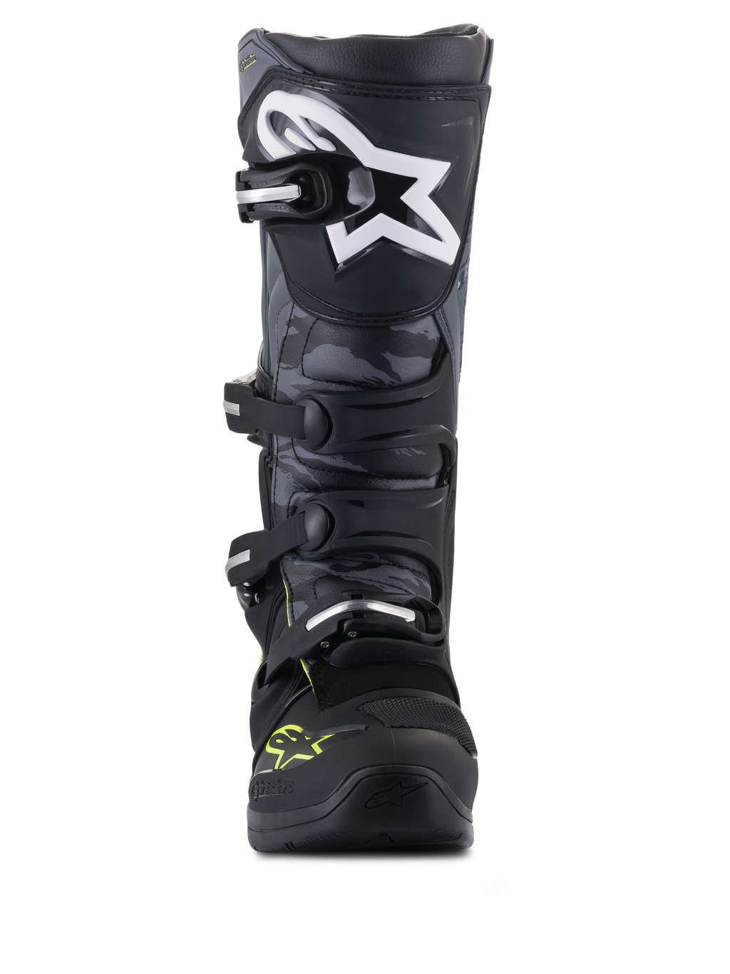 Alpinestars Tech 5 Motocrossstiefel in Schwarz und Cool Gray mit Gelb Fluo, Vorderansicht mit Camo-Paneelen und Stern-Logo.