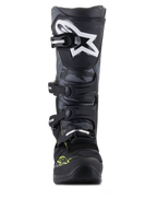 Alpinestars Tech 5 Motocrossstiefel in Schwarz und Cool Gray mit Gelb Fluo, Vorderansicht mit Camo-Paneelen und Stern-Logo.
