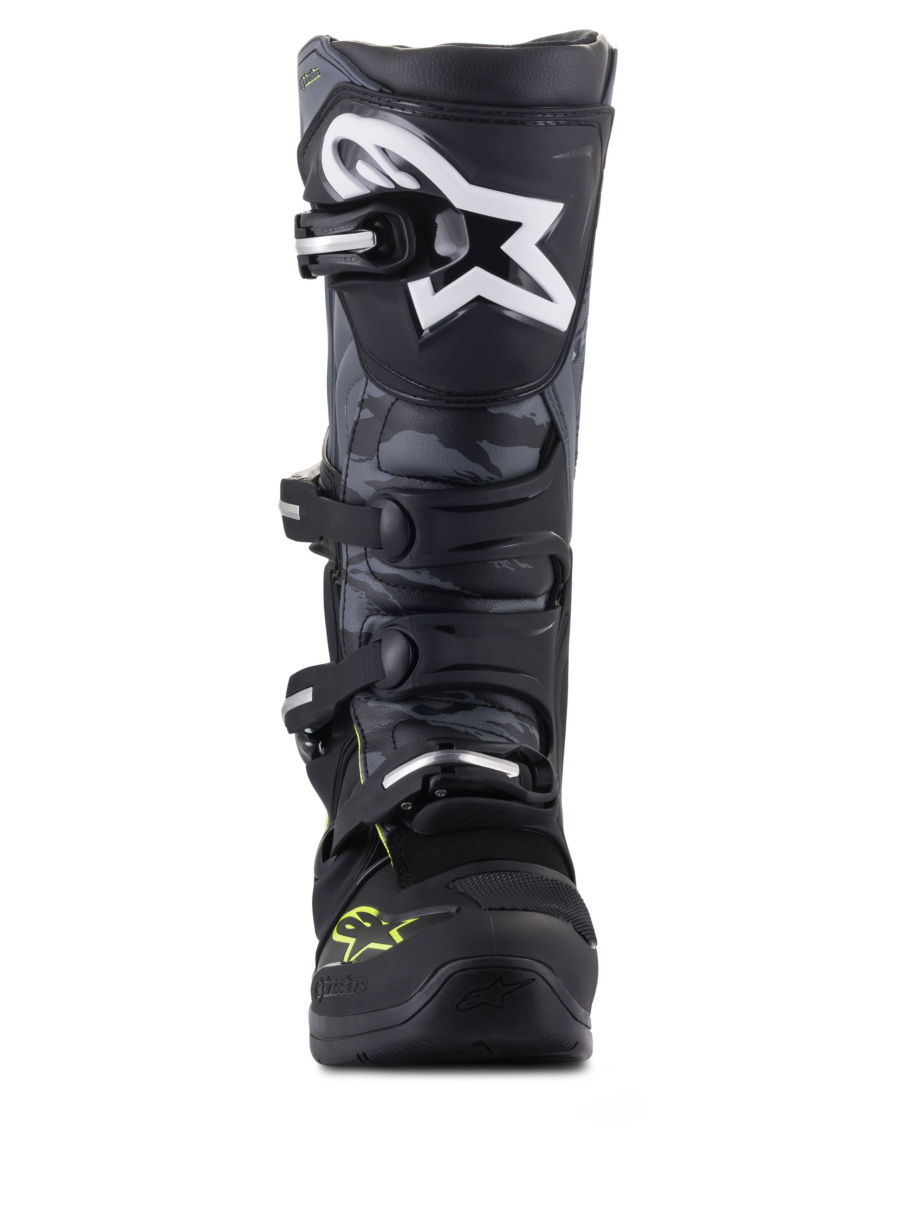 Alpinestars Tech 5 Motocrossstiefel in Schwarz und Cool Gray mit Gelb Fluo, Vorderansicht mit Camo-Paneelen und Stern-Logo.