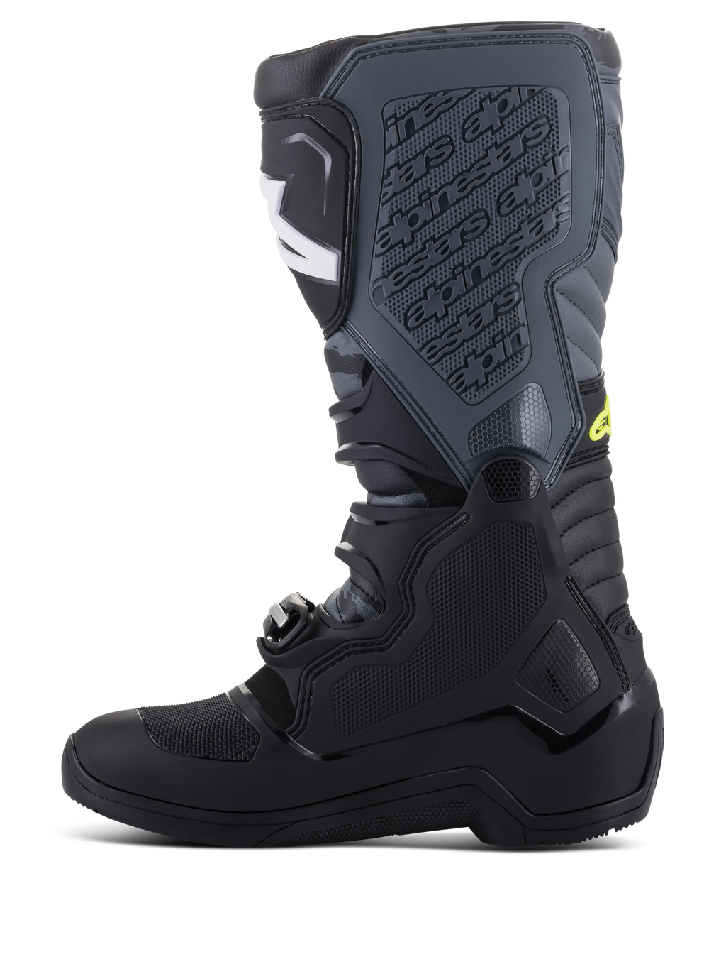Alpinestars Tech 5 Stiefel, Motocross-Stiefel, Schwarz und Cool Gray mit gelben Fluo-Akzenten, Seitenprofil mit hoher Mehrpaneel-Konstruktion, Schnallenverschlusssystem und strukturierter Schienbeinplatte mit geprägtem Branding, Offroad-Rennschuhwerk
