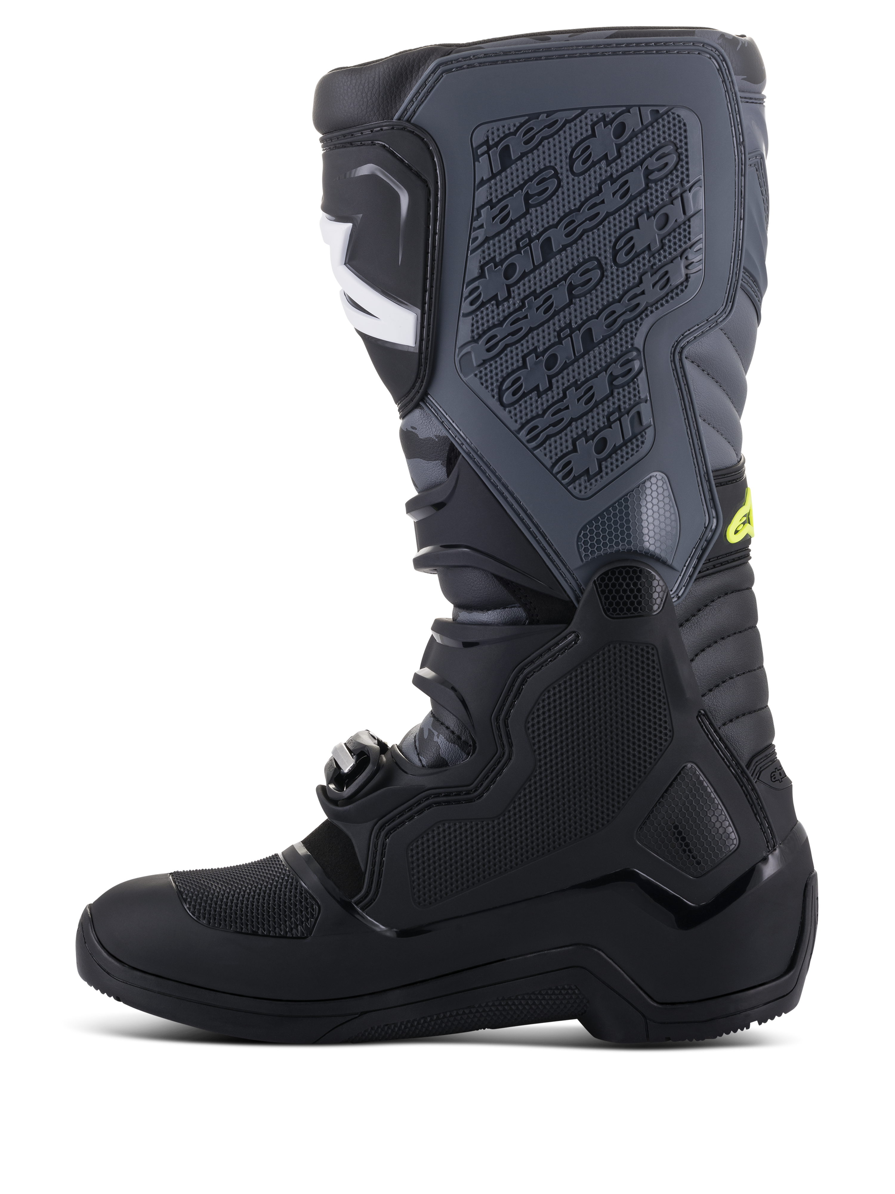 Alpinestars Tech 5 Stiefel, Motocross-Stiefel, Schwarz und Cool Gray mit gelben Fluo-Akzenten, Seitenprofil mit hoher Mehrpaneel-Konstruktion, Schnallenverschlusssystem und strukturierter Schienbeinplatte mit geprägtem Branding, Offroad-Rennschuhwerk