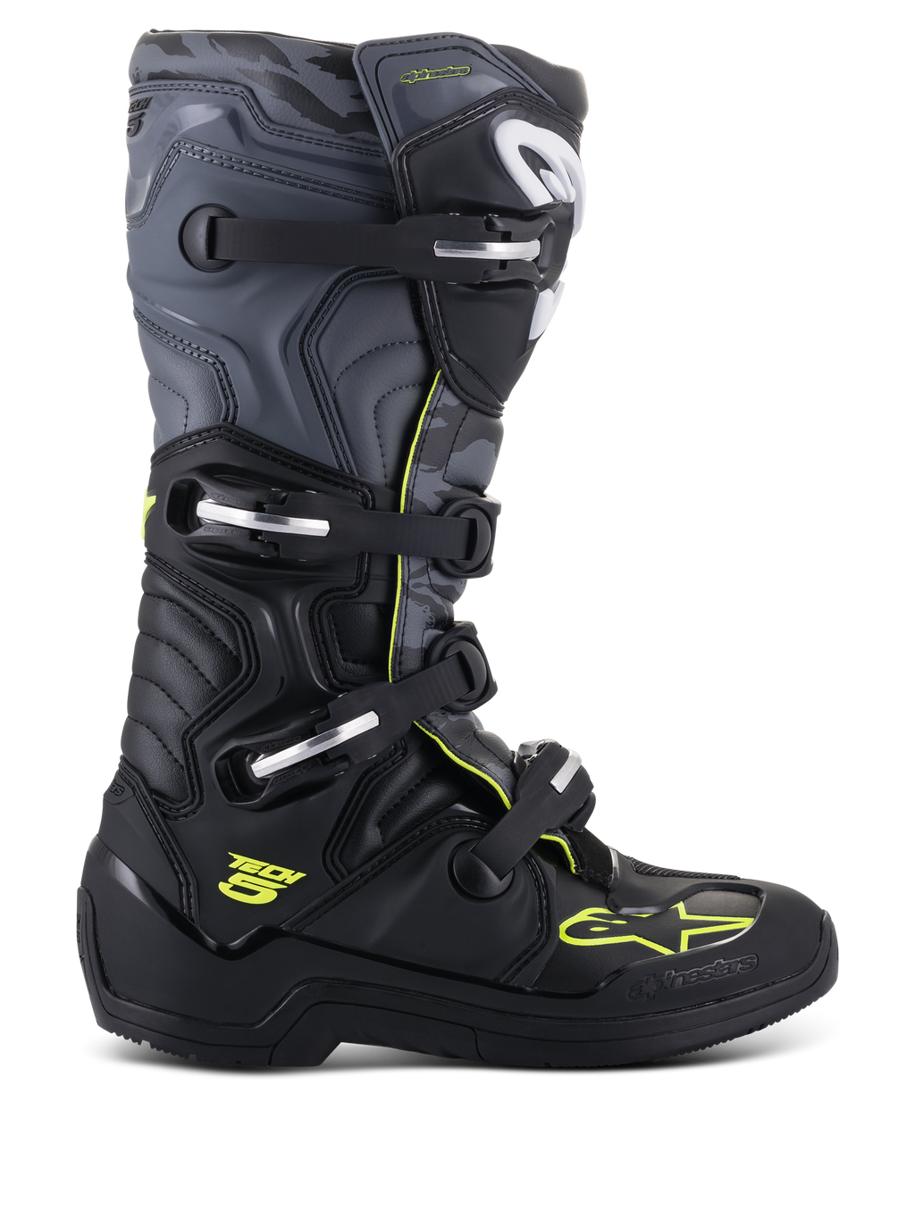 Alpinestars Tech 5 Stiefel, Motocross-Offroad-Stiefel, Seitenansicht, Schwarz und Cool Gray mit neongelben Akzenten, Camouflage-Muster, verstellbare Schnallen und robuste Schutzsohle.