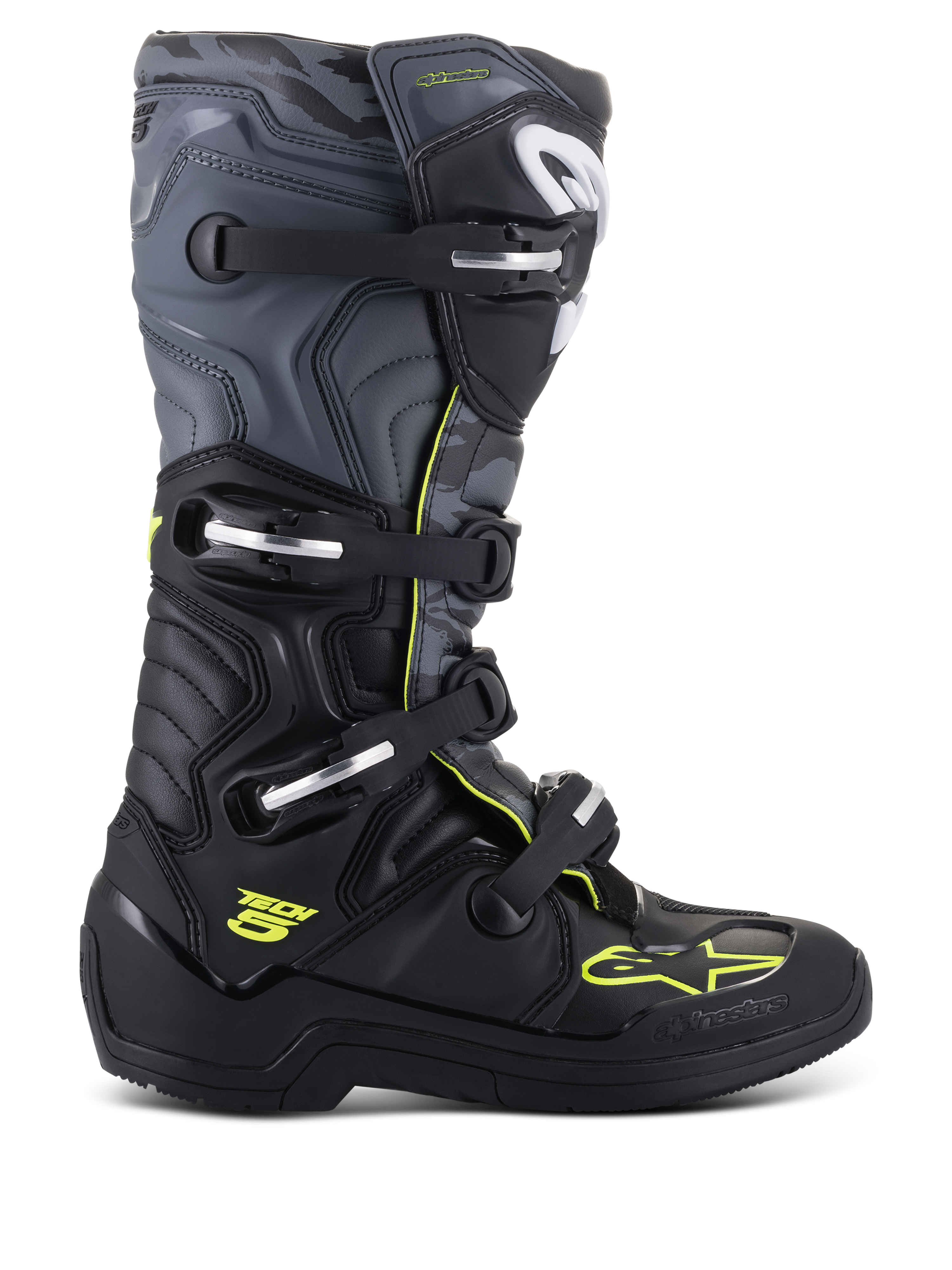 Alpinestars Tech 5 Stiefel, Motocross-Offroad-Stiefel, Seitenansicht, Schwarz und Cool Gray mit neongelben Akzenten, Camouflage-Muster, verstellbare Schnallen und robuste Schutzsohle.