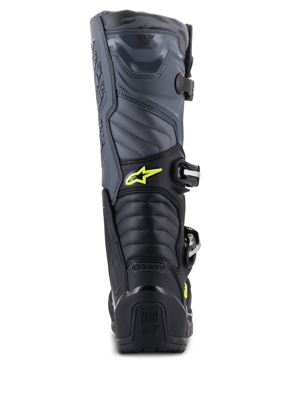 Alpinestars Tech 5 Stiefel, Motocross-Stiefel, Schwarz, Cool Gray und Gelb Fluo, Rückansicht mit Akkordeon-Flexzonen und Fersenschutz, gelbem Astars-Logo und geprägtem Tech Series Branding, strapazierfähige Mehrmaterial-Konstruktion für Offroad-Leistung