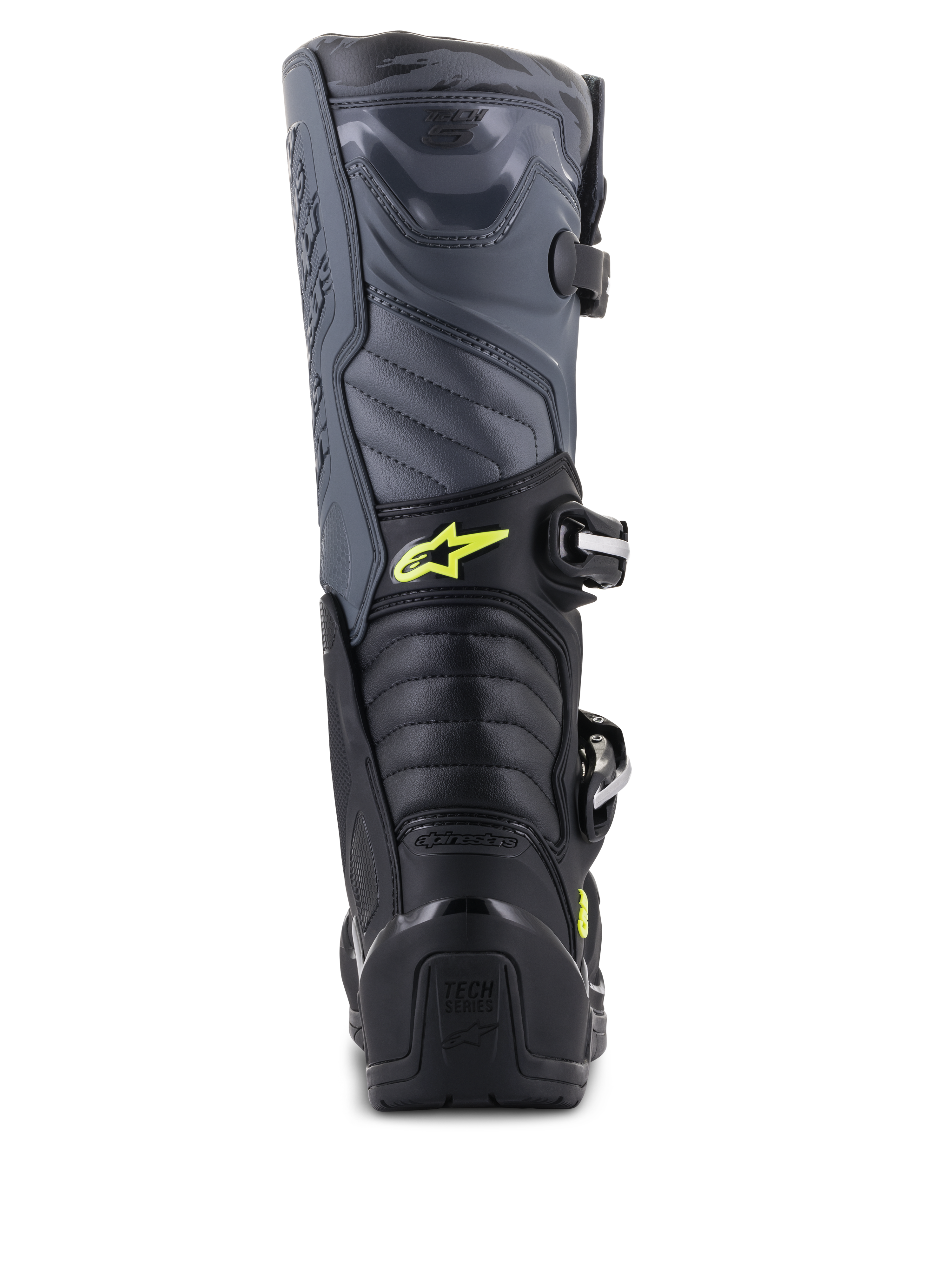 Alpinestars Tech 5 Stiefel, Motocross-Stiefel, Schwarz, Cool Gray und Gelb Fluo, Rückansicht mit Akkordeon-Flexzonen und Fersenschutz, gelbem Astars-Logo und geprägtem Tech Series Branding, strapazierfähige Mehrmaterial-Konstruktion für Offroad-Leistung